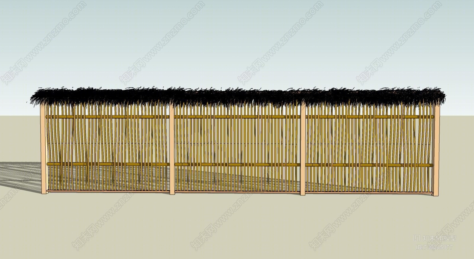 茅草顶竹制栏杆木栅栏围栏护栏围墙景墙果园农家美丽乡村竹篱笆SU模型下载【ID:736245077】