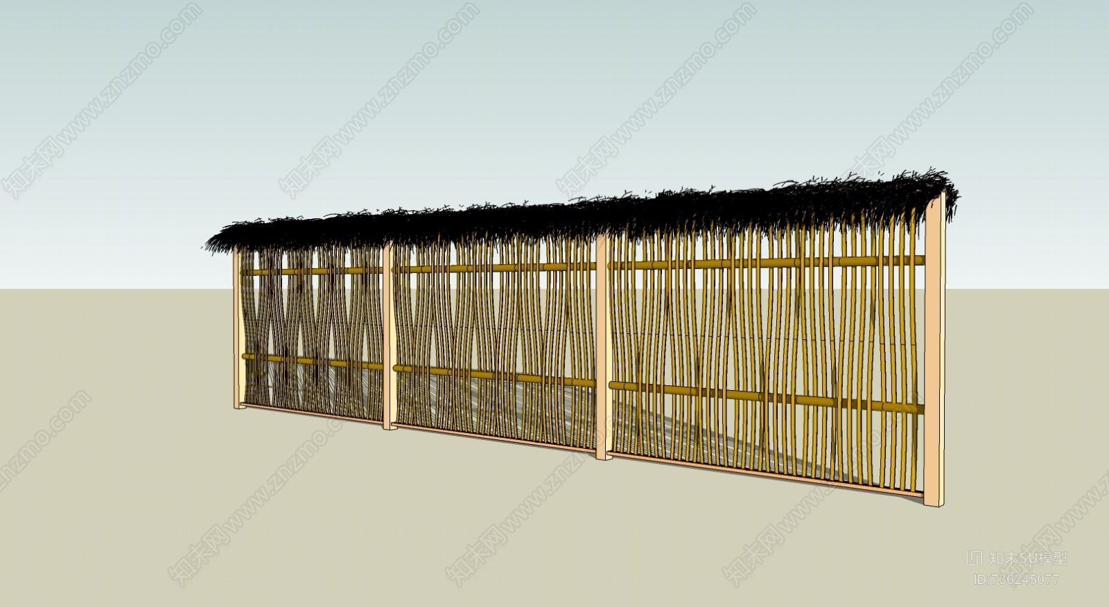 茅草顶竹制栏杆木栅栏围栏护栏围墙景墙果园农家美丽乡村竹篱笆SU模型下载【ID:736245077】