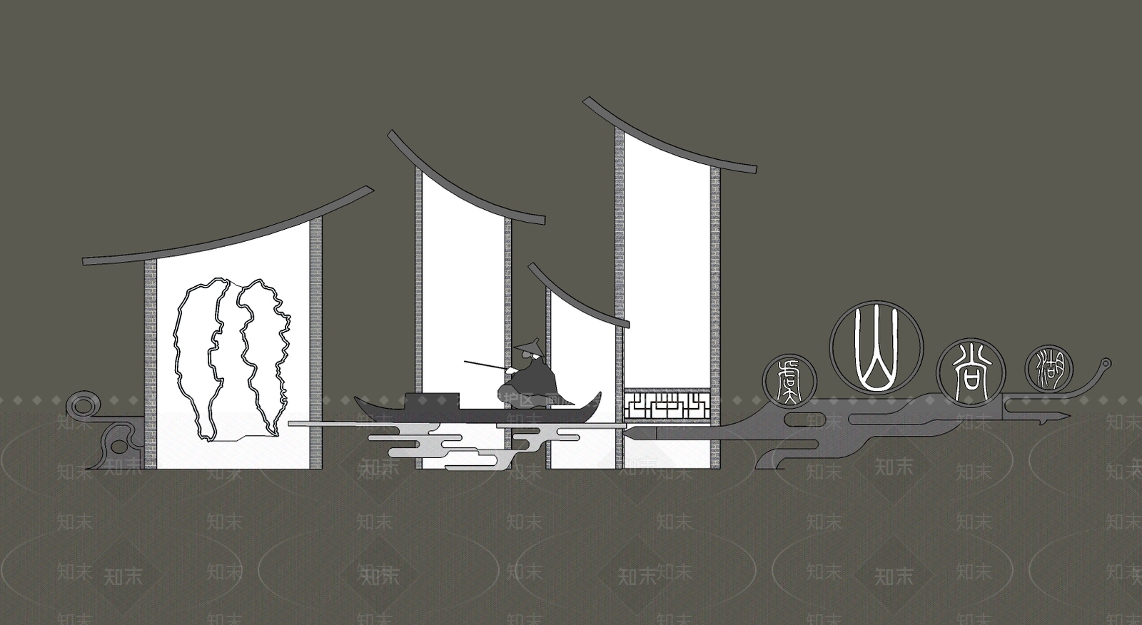 景区入口入口标识景观景墙小品中式新中式文化底蕴漏窗人物SU模型下载【ID:736251044】