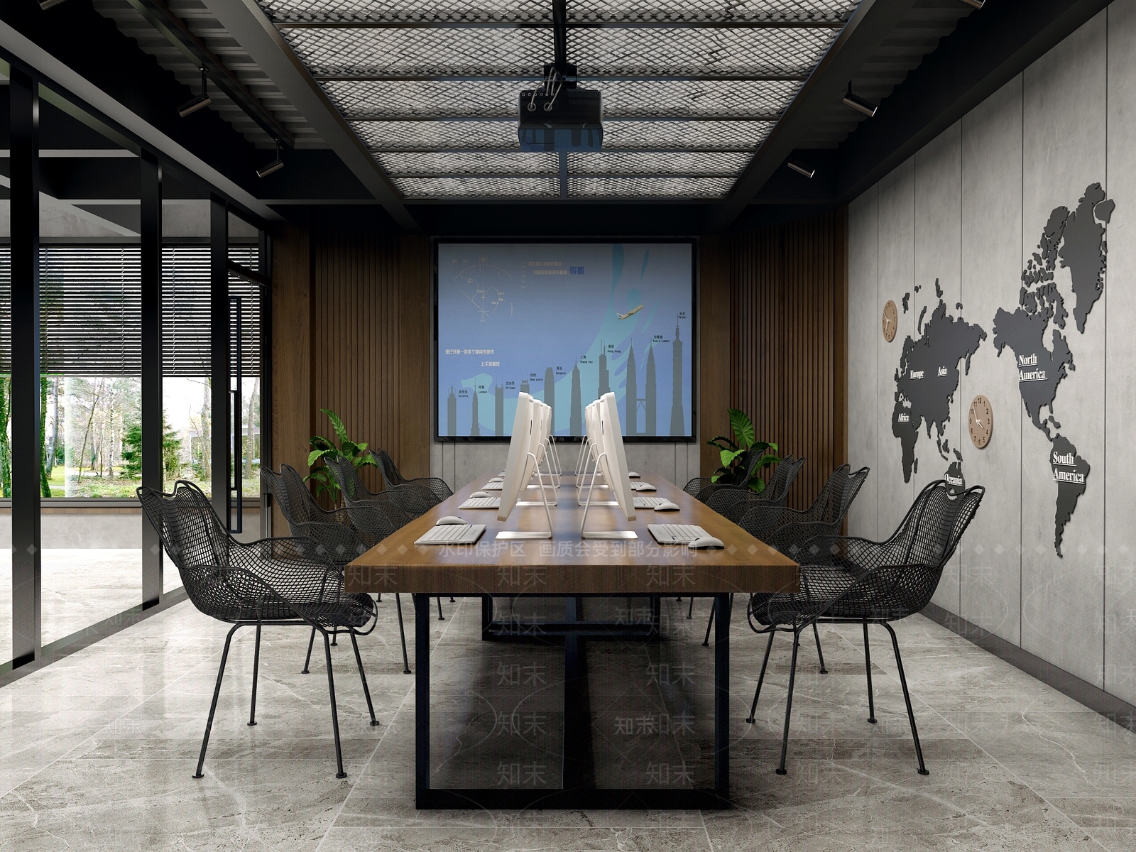 工业风会议室电脑地图模型吊顶桌椅投影仪射灯3D模型下载【ID:736252818】