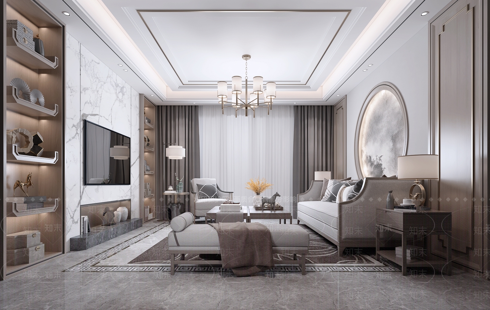 新中式客厅沙发茶几组合台灯吊灯山水画3D模型下载【ID:736254770】