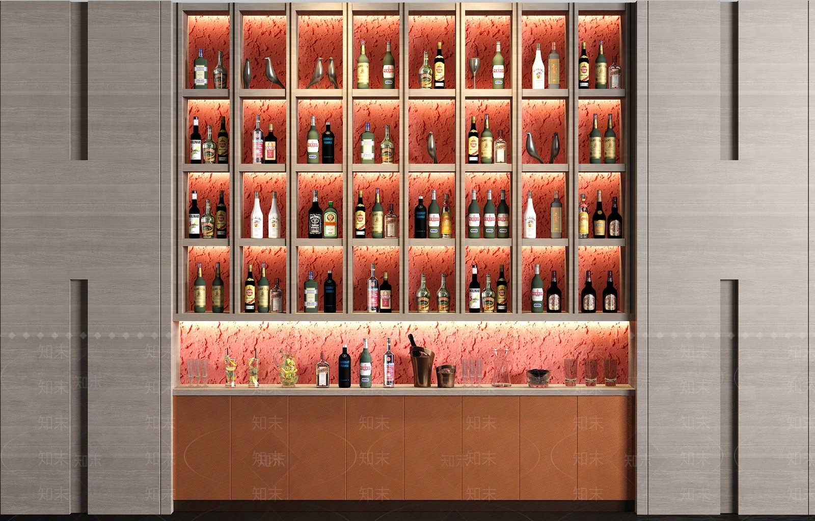 新中式实木皮革酒柜酒水饰品组合3D模型下载【ID:936254084】