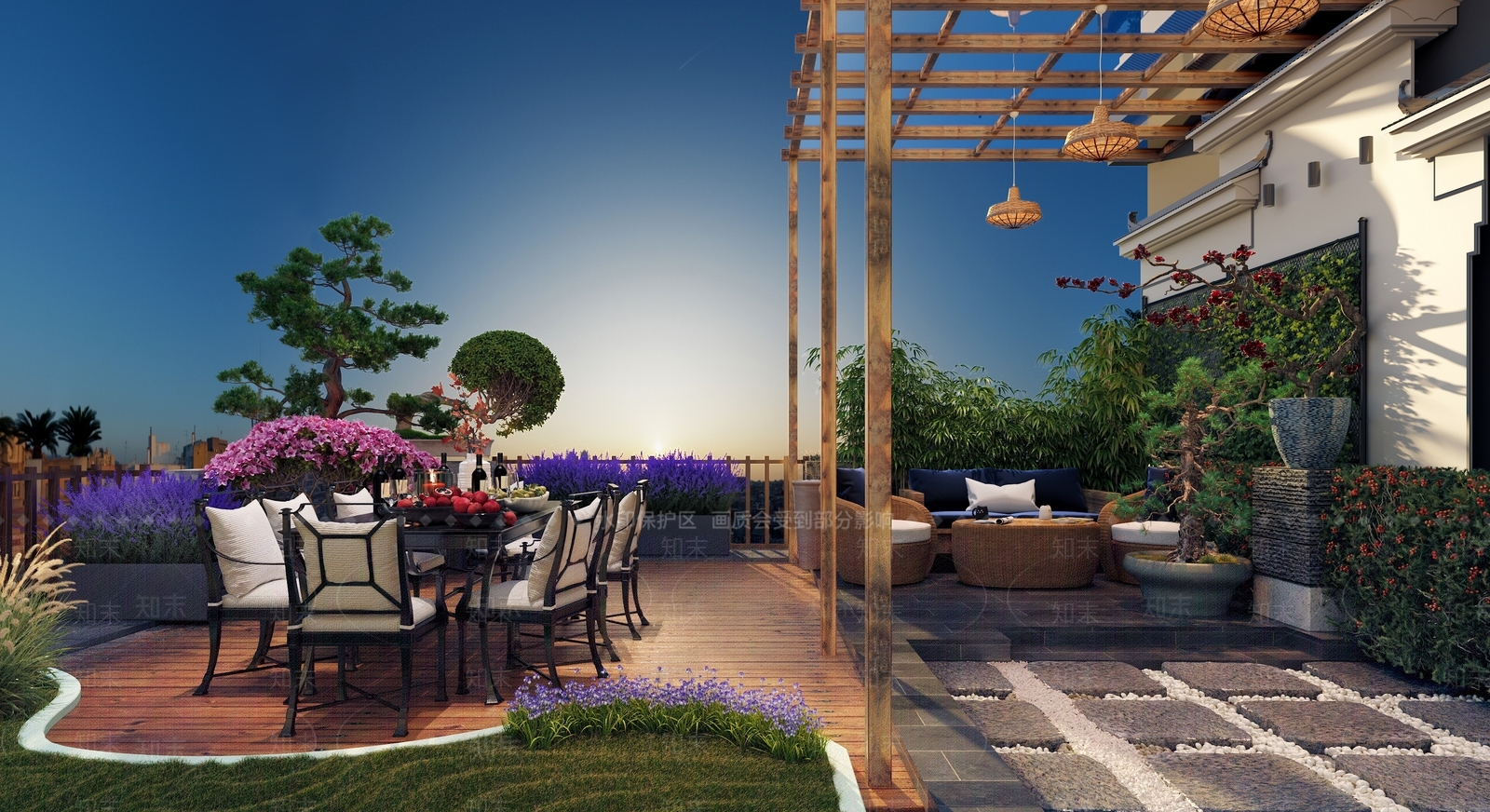 新中式屋顶花园植物室外餐桌椅子3D模型下载【ID:936257187】