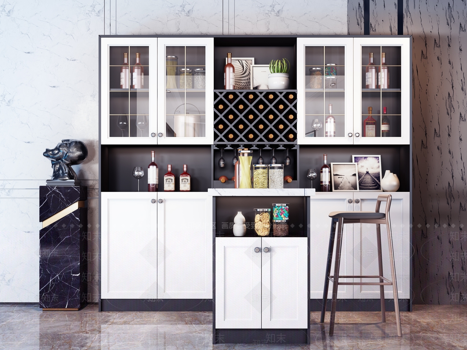 现代实木吧台酒柜摆件组合3D模型下载【ID:936259098】