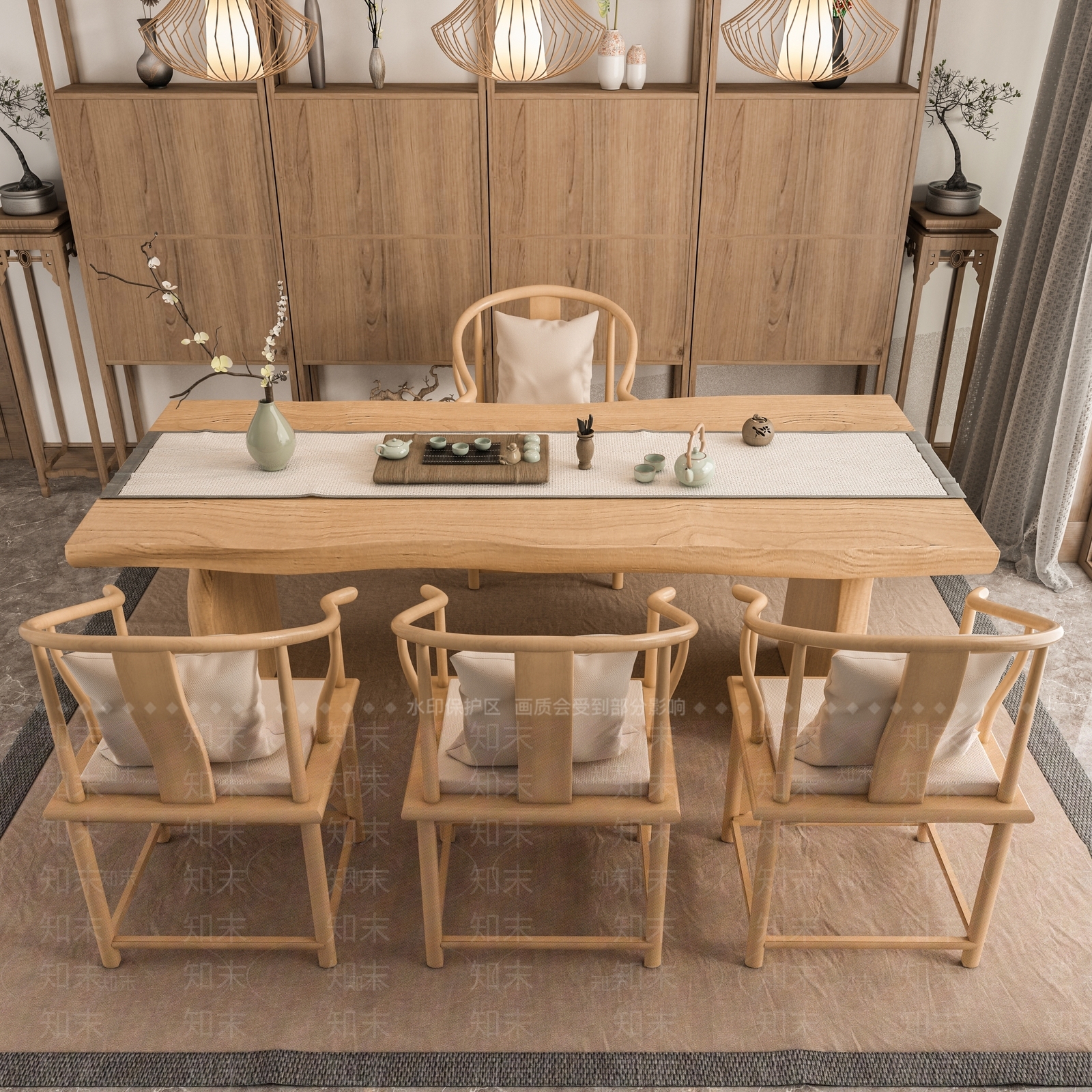 新中式茶室泡茶桌椅茶具组合3D模型下载【ID:136260854】