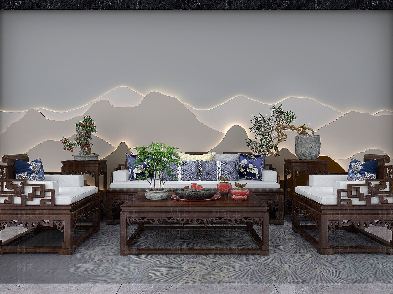 中式和实木沙发茶几摆件组合3D模型下载【ID:336265318】