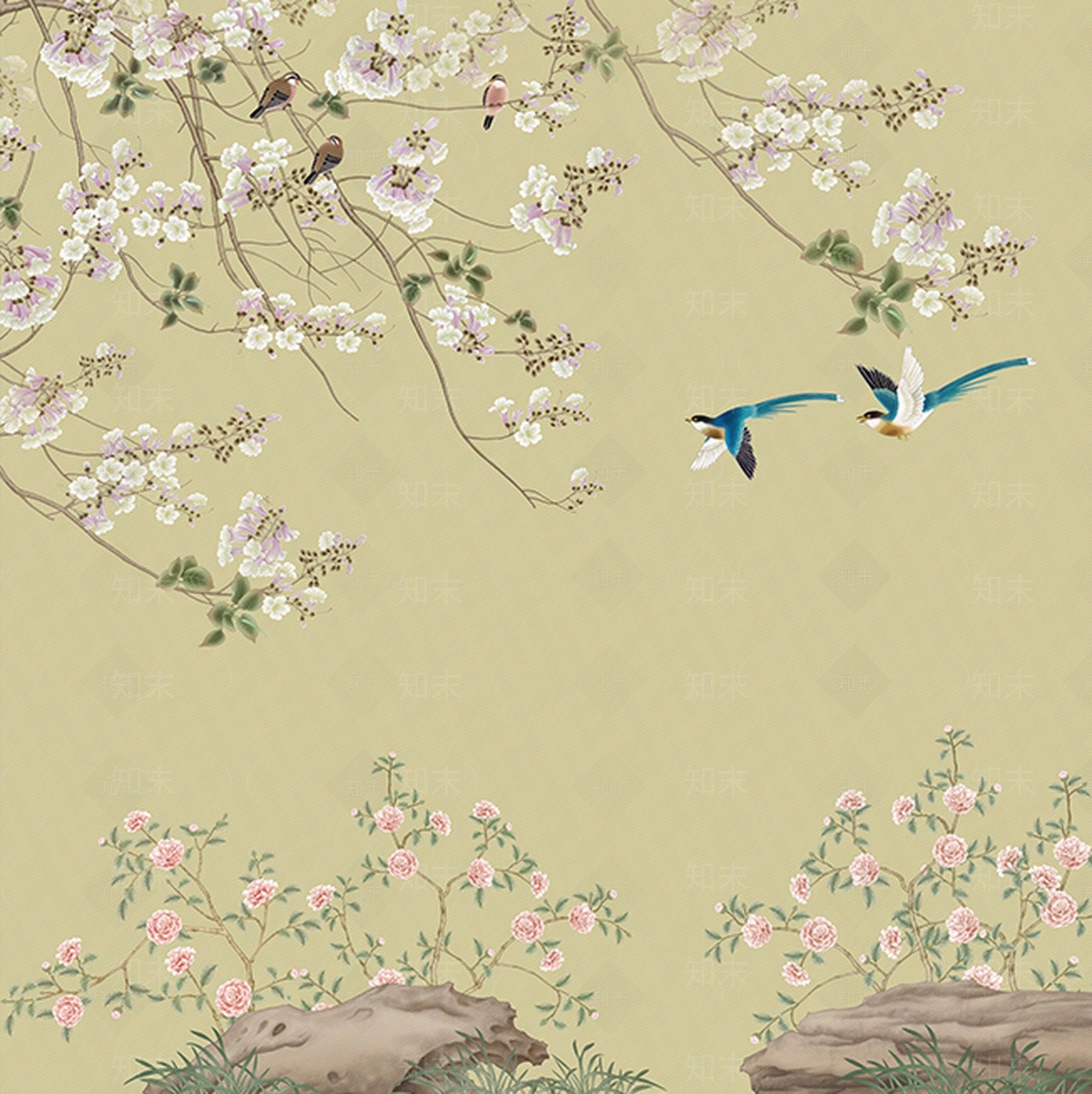 新中式黄色梧桐花壁纸贴图下载【ID:336269924】