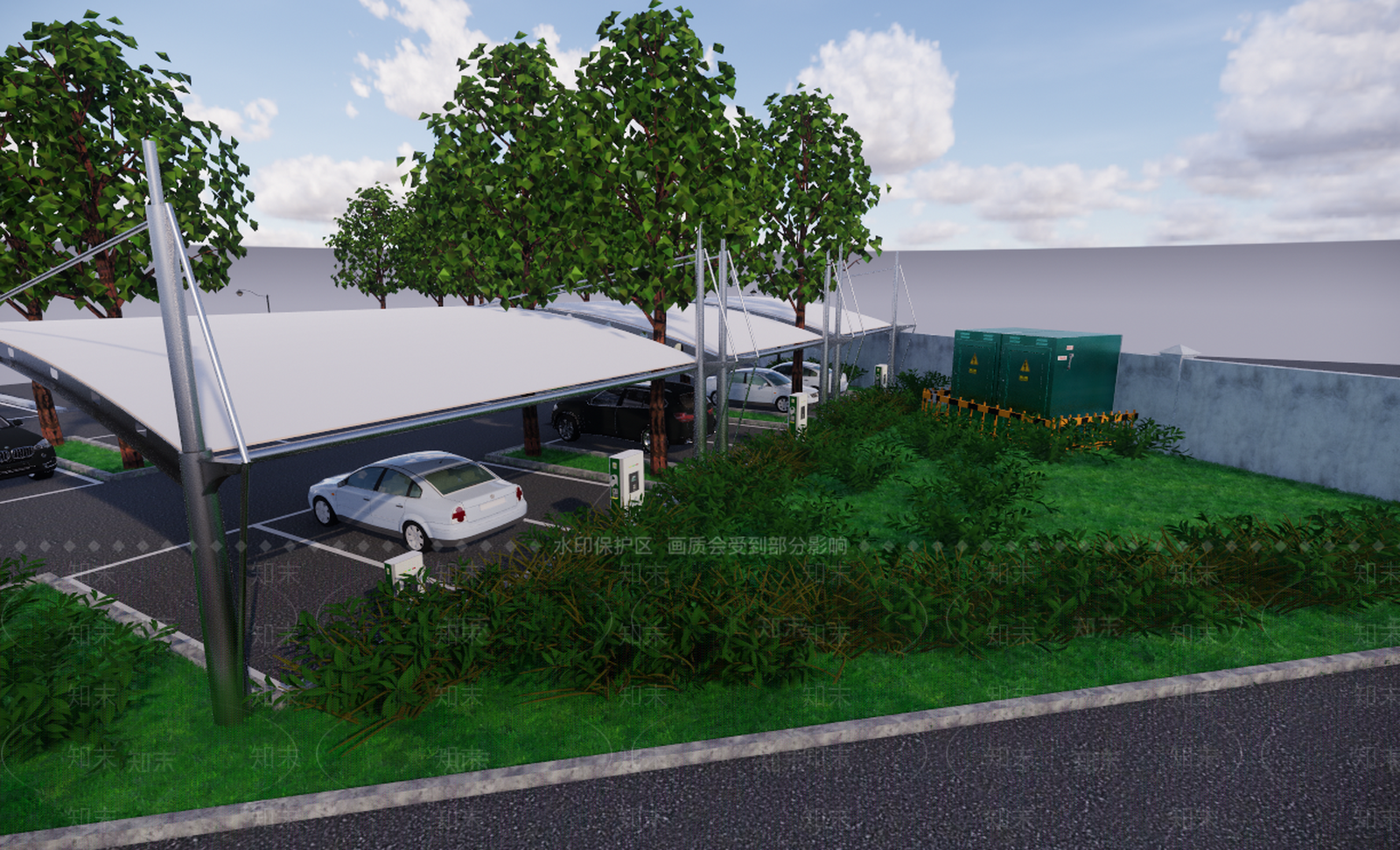 现代停车场停车位带雨棚SU模型下载【ID:536323461】