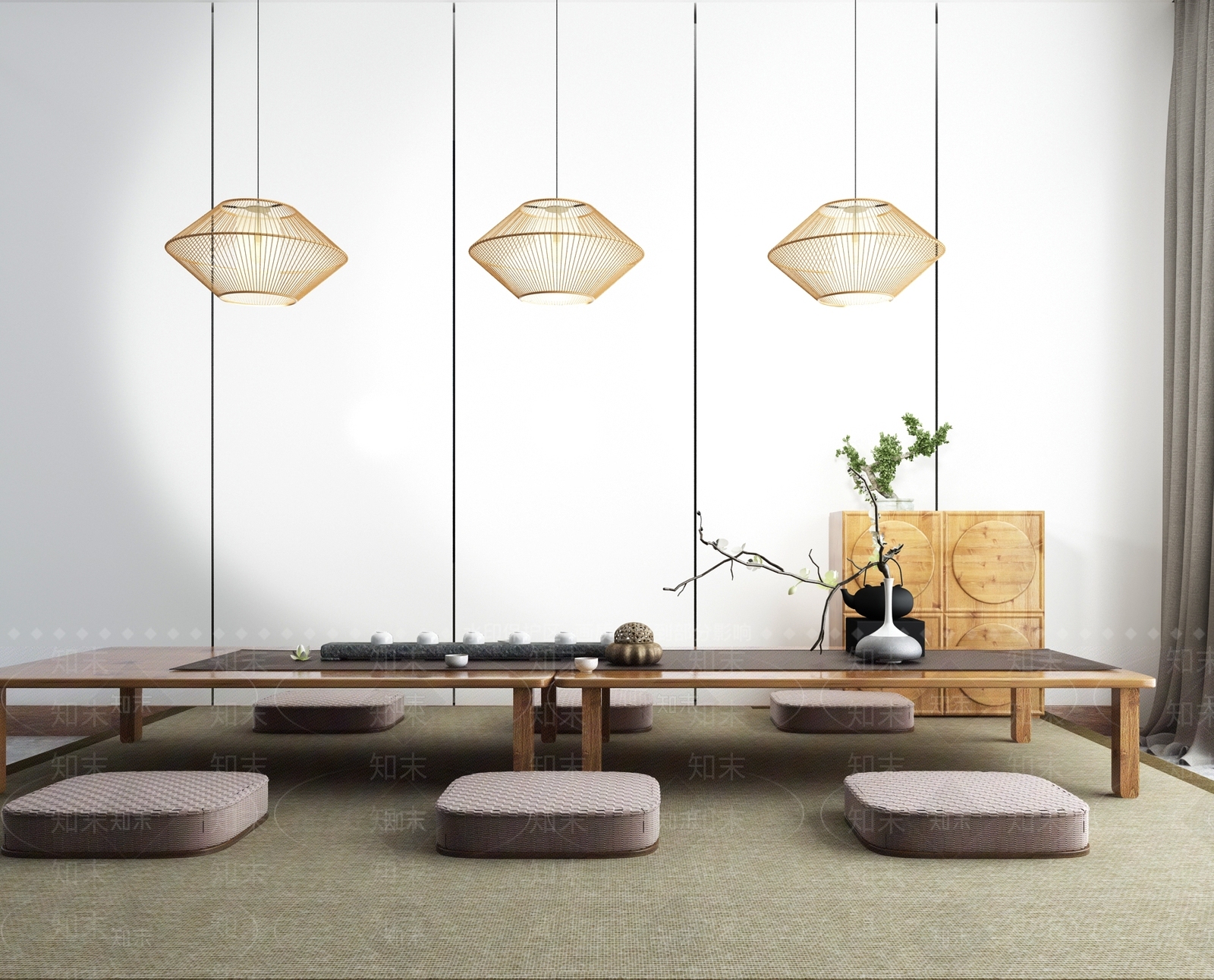 中式日式休闲榻榻米泡茶座椅组合3D模型下载【ID:136326926】