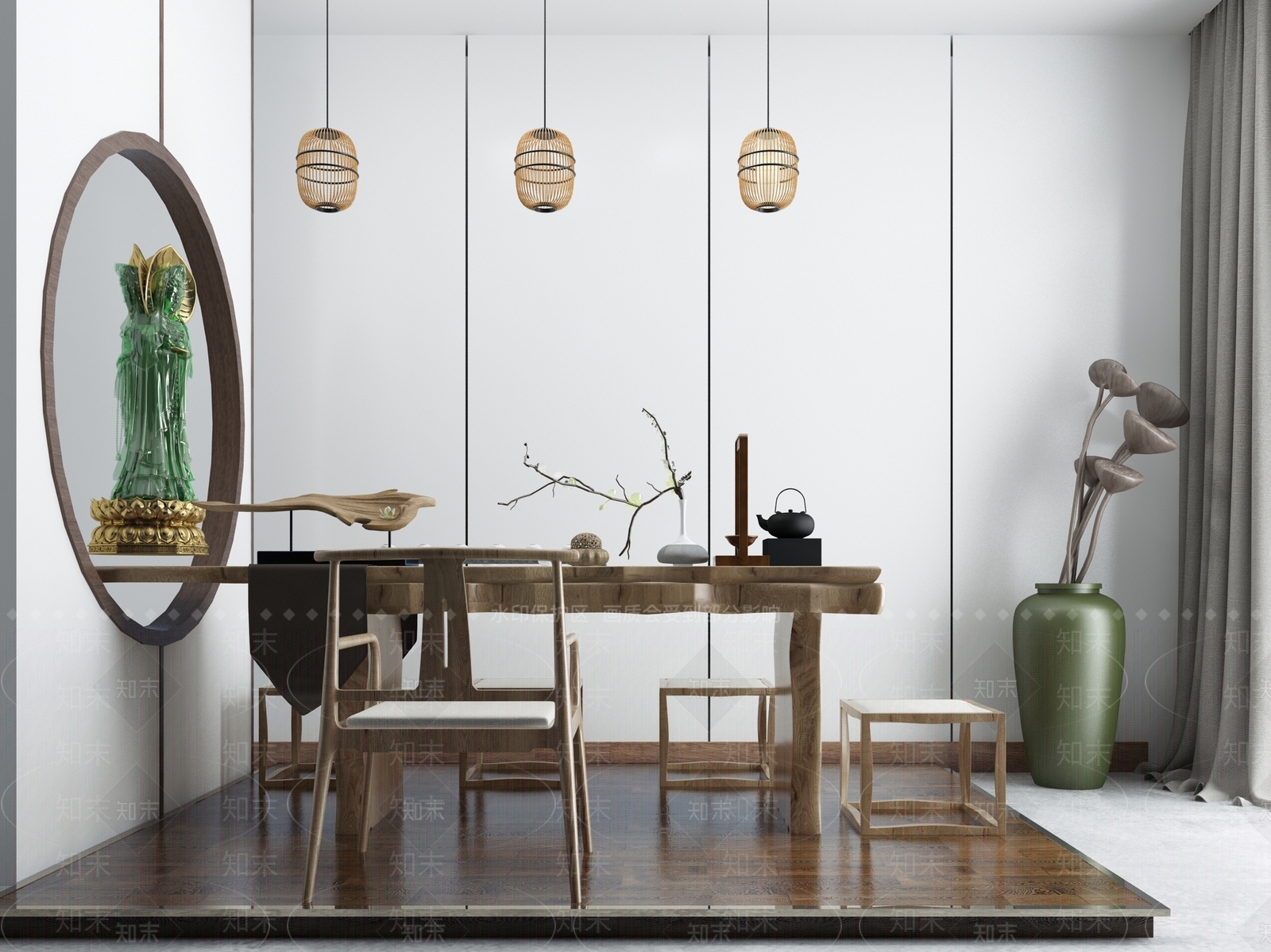 中式日式禅意茶室茶楼品茶区3D模型下载【ID:136326949】