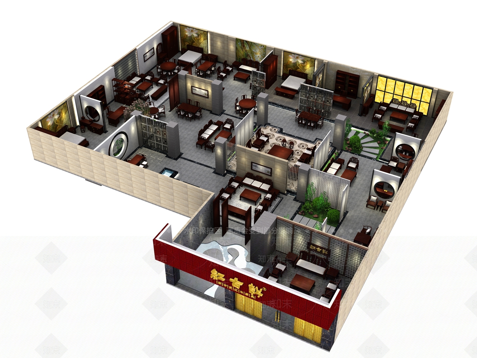 新中式红古轩红木家具专卖店展厅3D模型下载【ID:736326389】