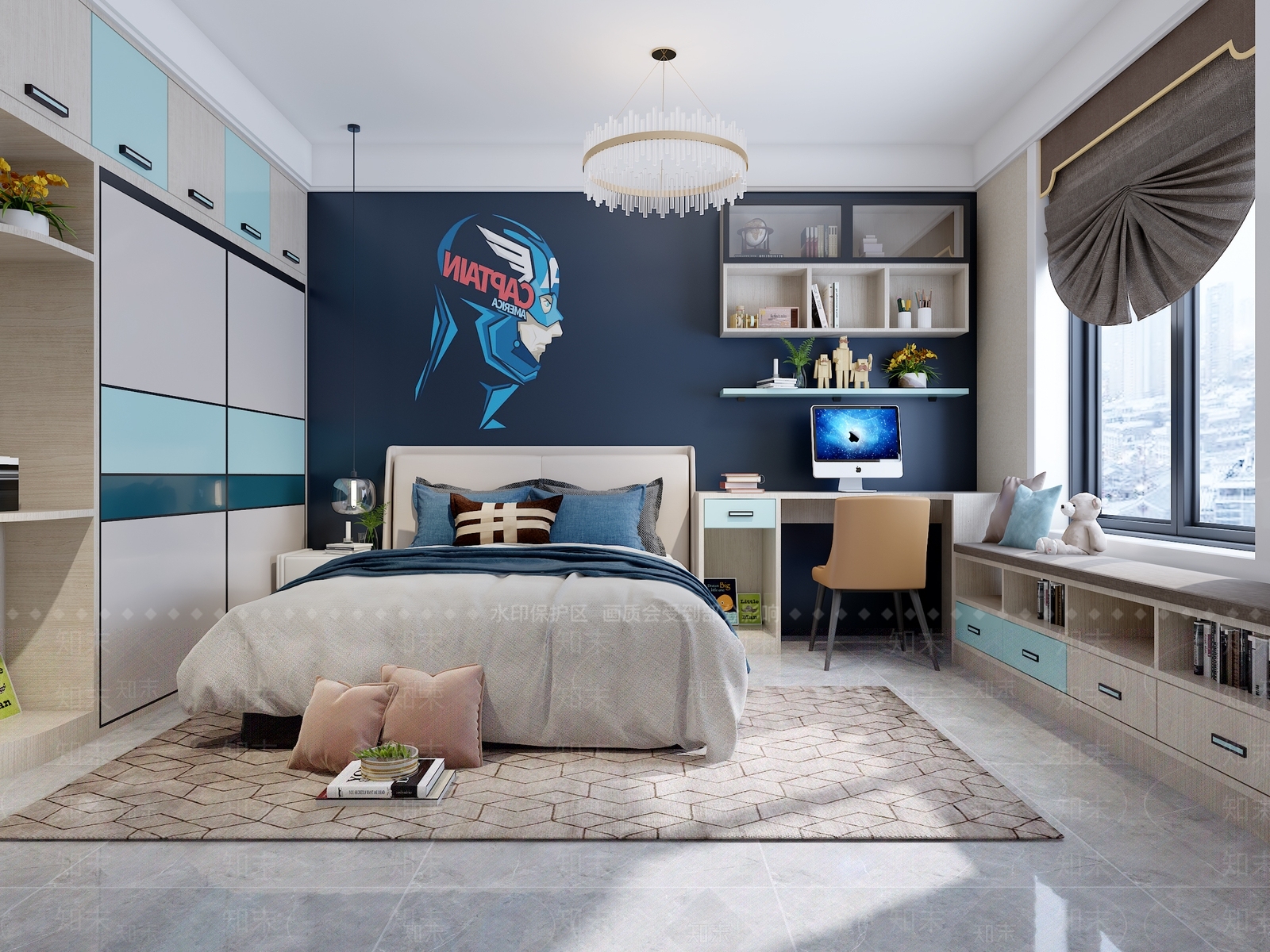 现代男孩房卧室床具衣柜书柜儿童房3D模型下载【ID:436401521】