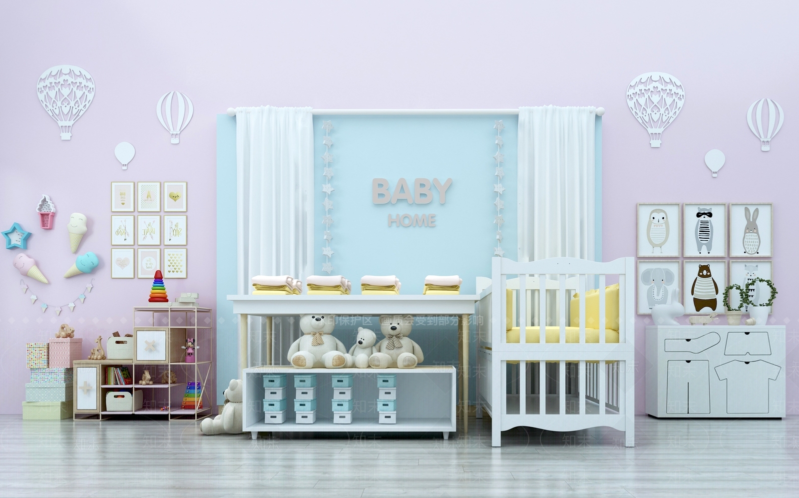 现代儿童床婴儿床儿童装饰柜儿童玩具摆件毛绒玩具组合3D模型下载【ID:737130174】