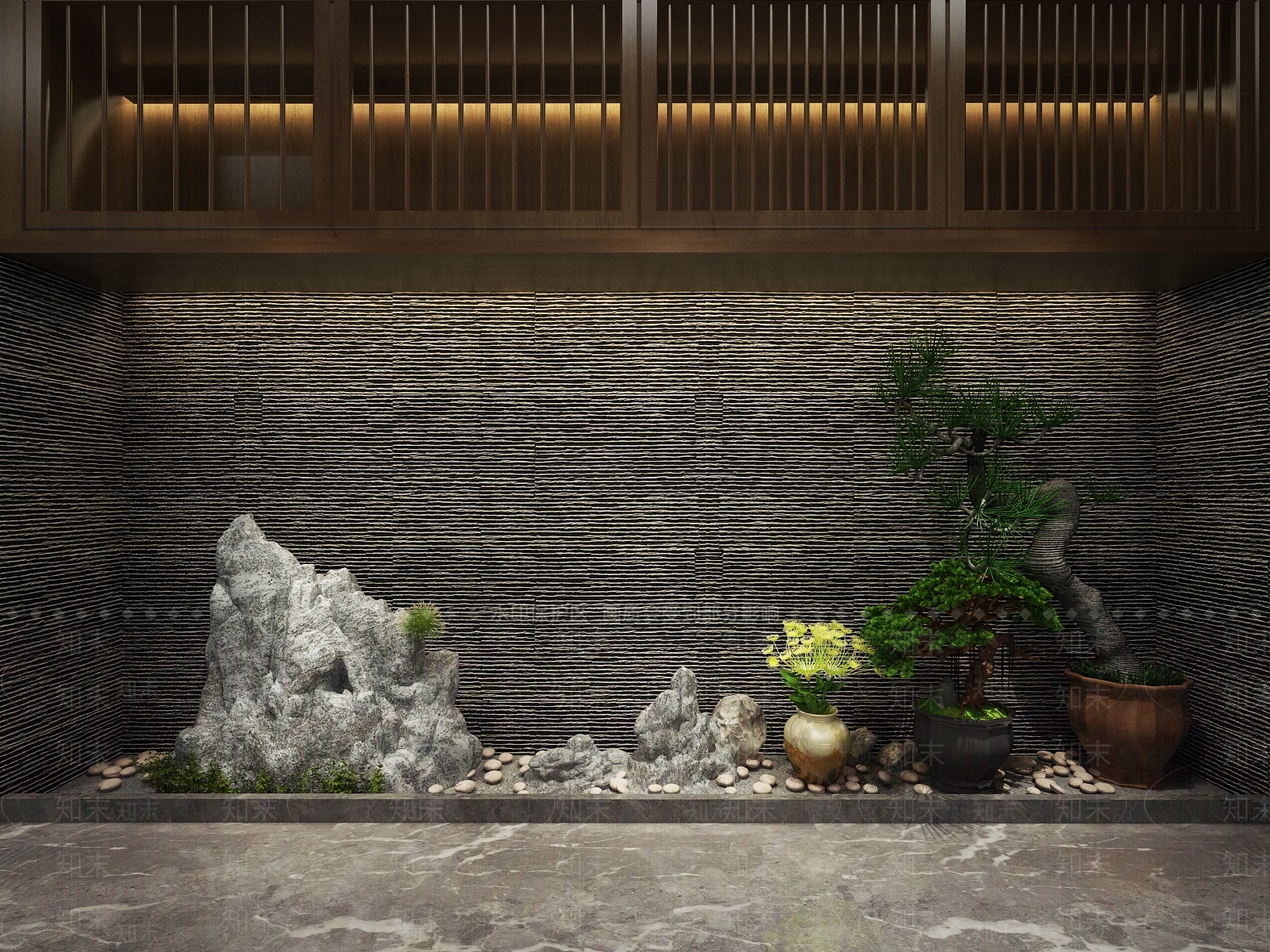 新中式景观小品假山盆栽鹅卵石组合3D模型下载【ID:837136475】