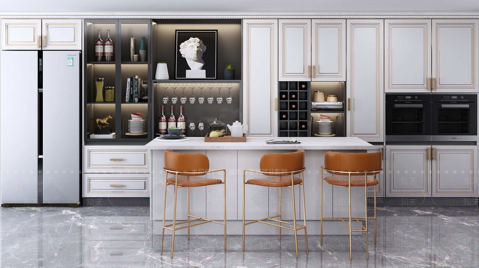 简欧酒柜吧台冰箱厨房3D模型下载【ID:937137047】