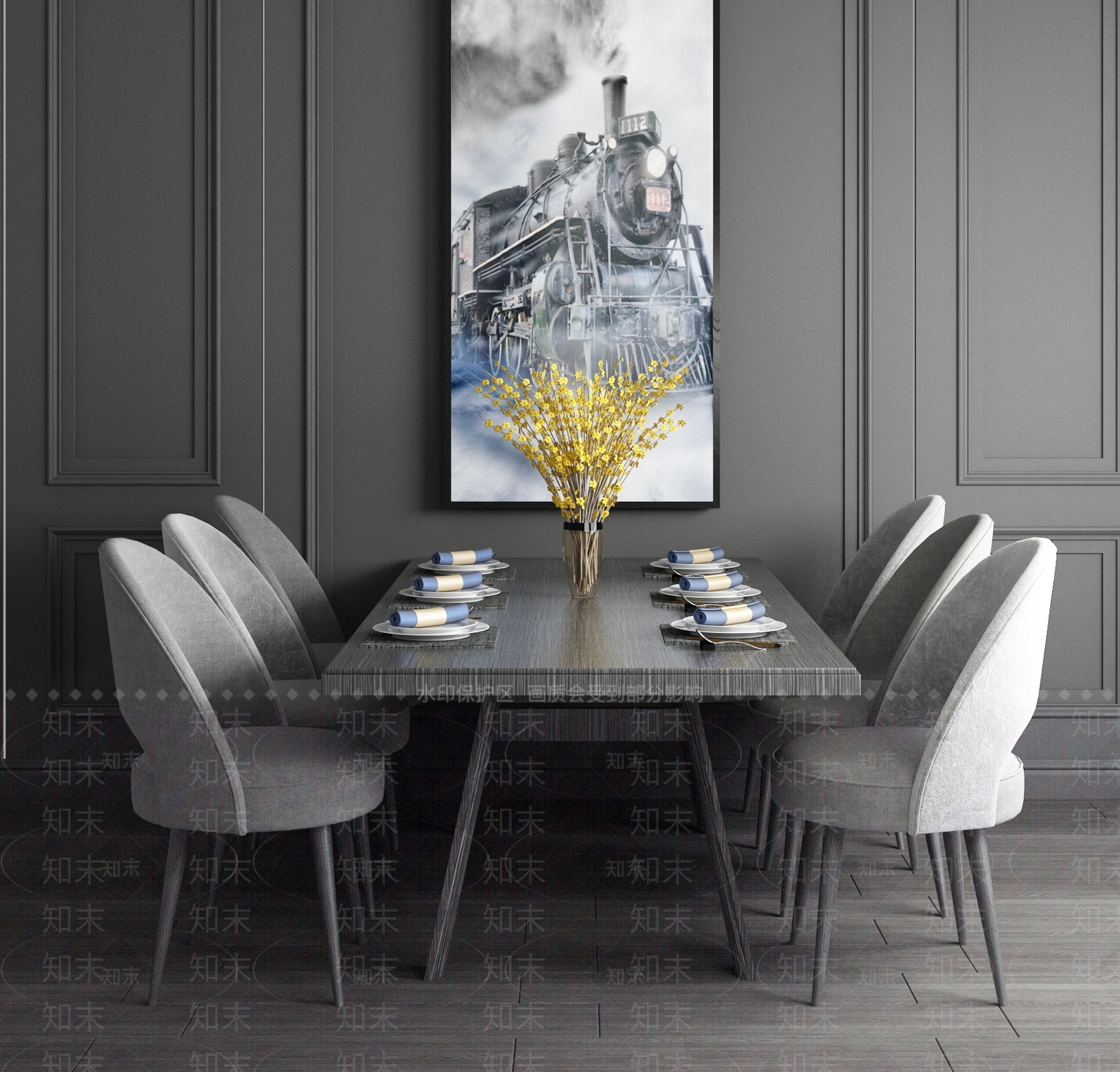 现代餐厅桌椅餐桌壁画背景组合3D模型下载【ID:837138535】