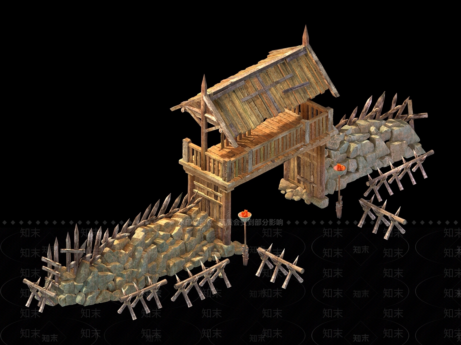 其它门牌坊护栏木屋哨塔防御石头3D模型下载【ID:237155842】