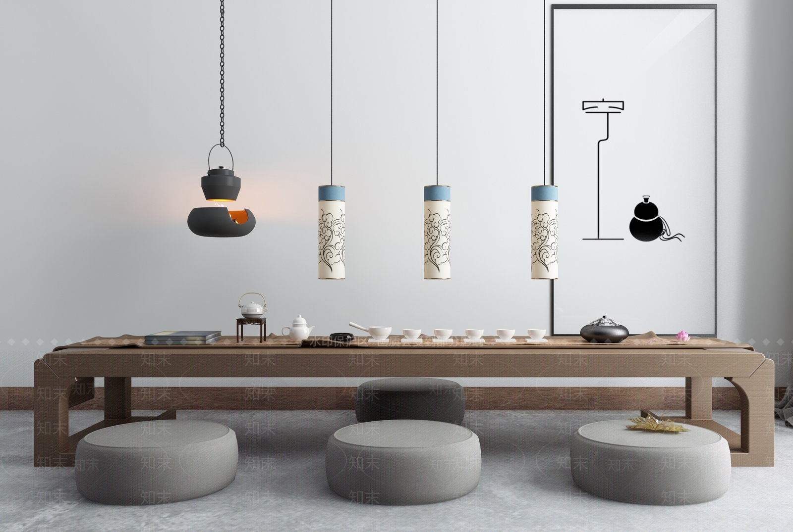 新中式日式休闲榻榻米泡茶座椅组合禅意空间茶柜3D模型下载【ID:138801905】