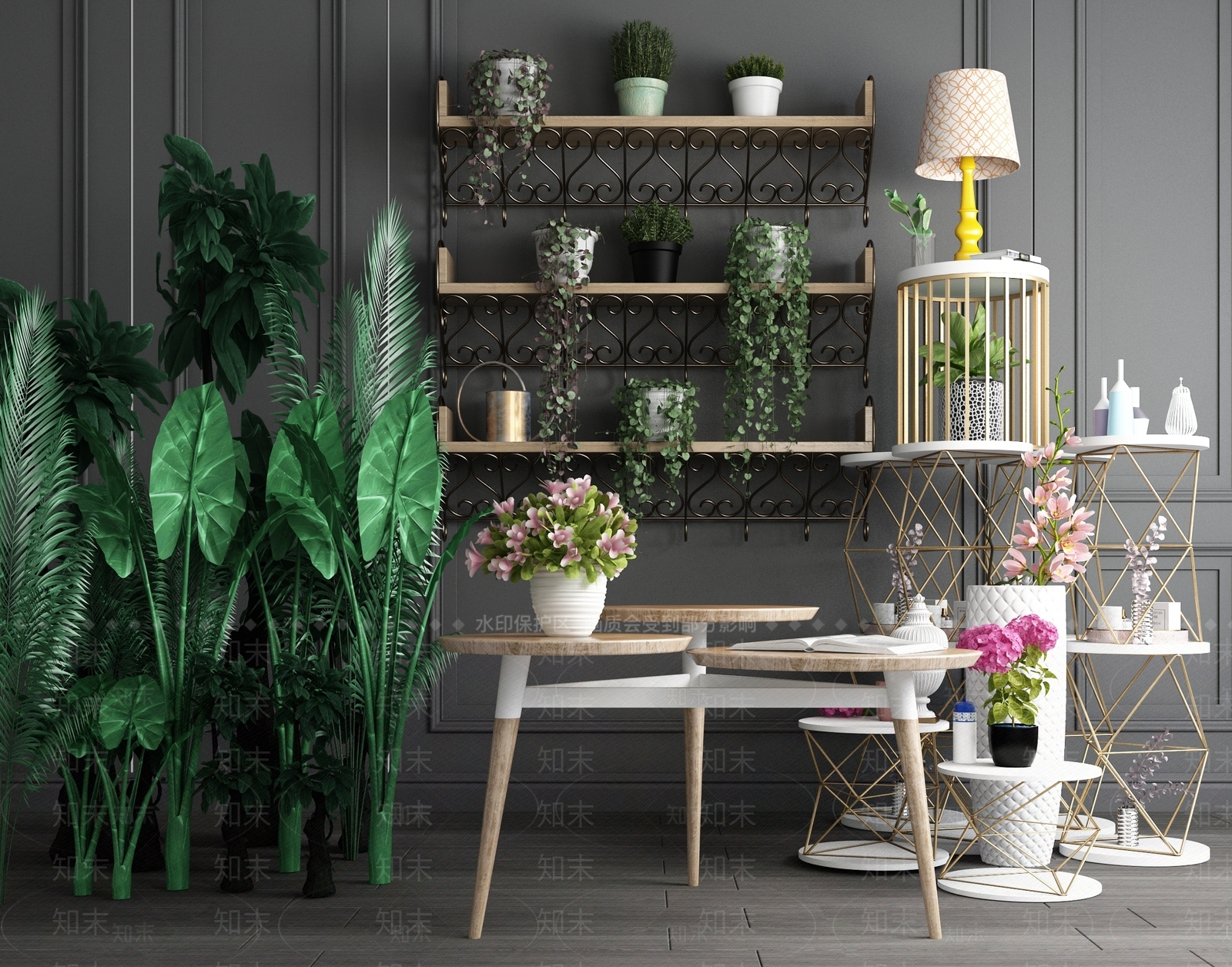 北欧绿植盆景吊兰墙饰摆件桌子组合3D模型下载【ID:339993898】