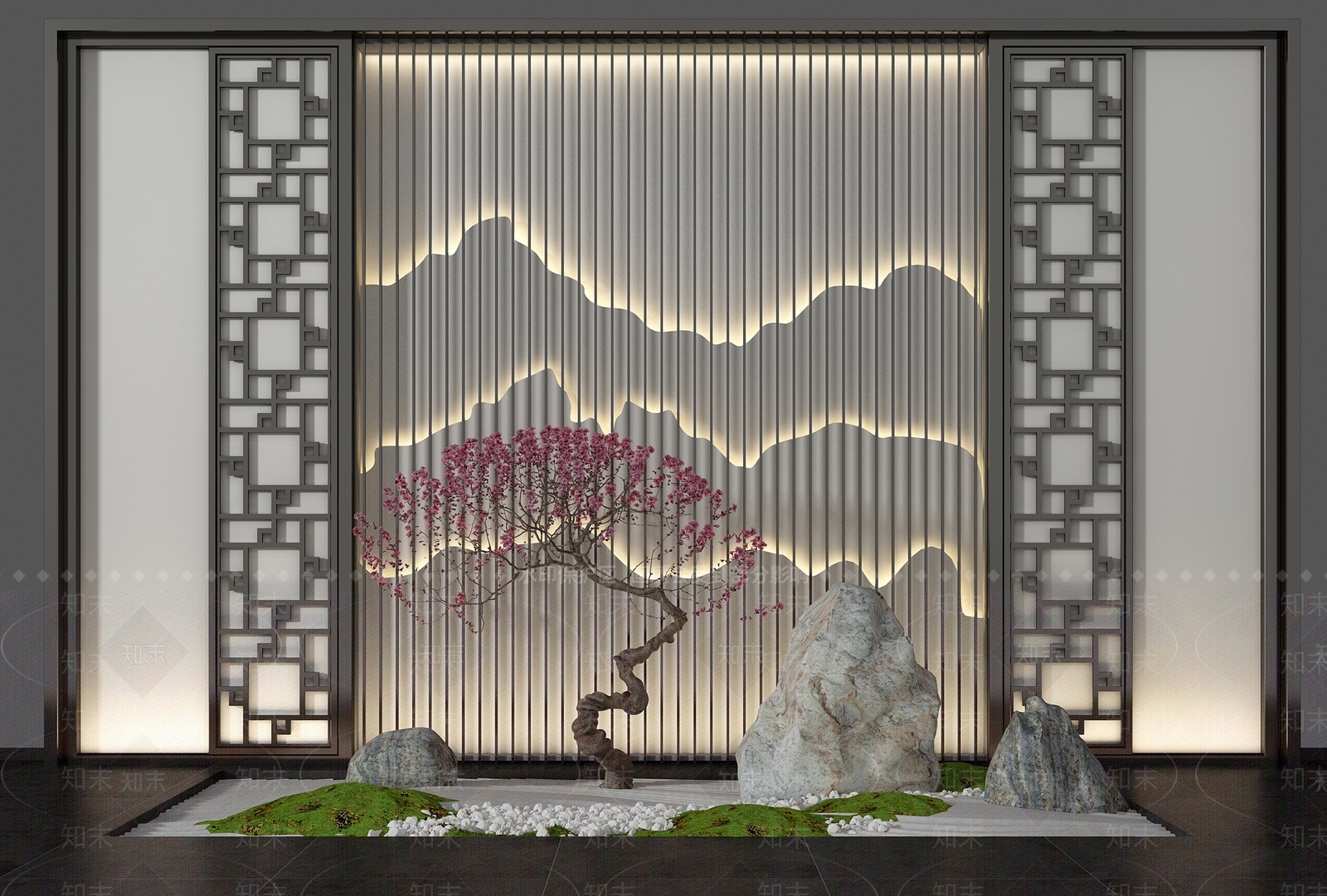 新中式花格假山绿植小品3D模型下载【ID:840584892】