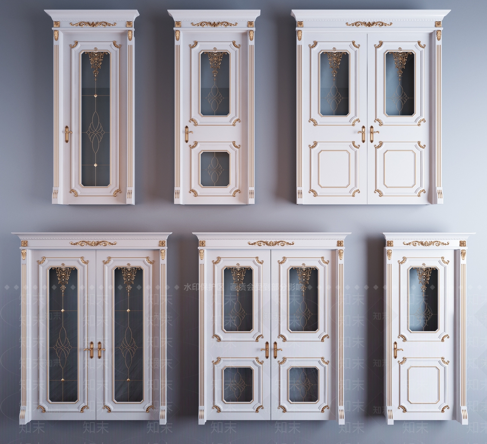 简欧欧式描金雕花烤漆玻璃门房门组合3D模型下载【ID:940615893】