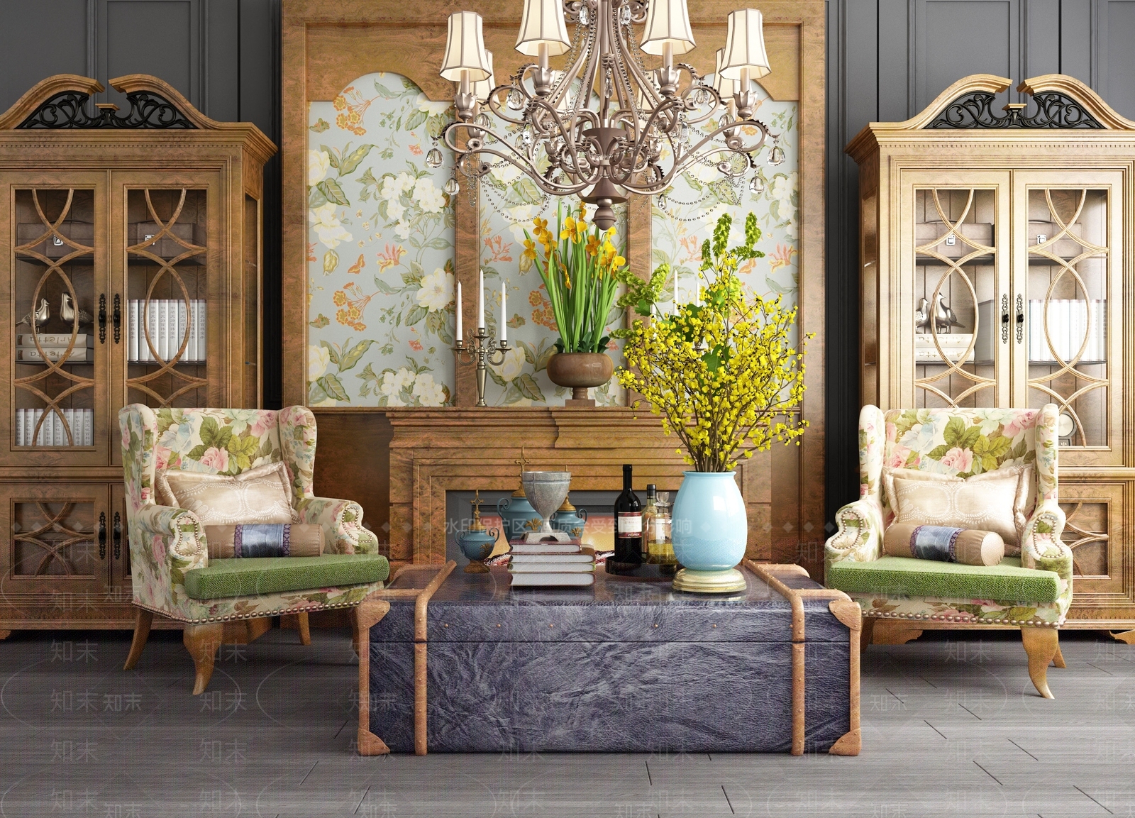 美式壁炉屏风书柜休闲椅茶几组合3D模型下载【ID:540623768】