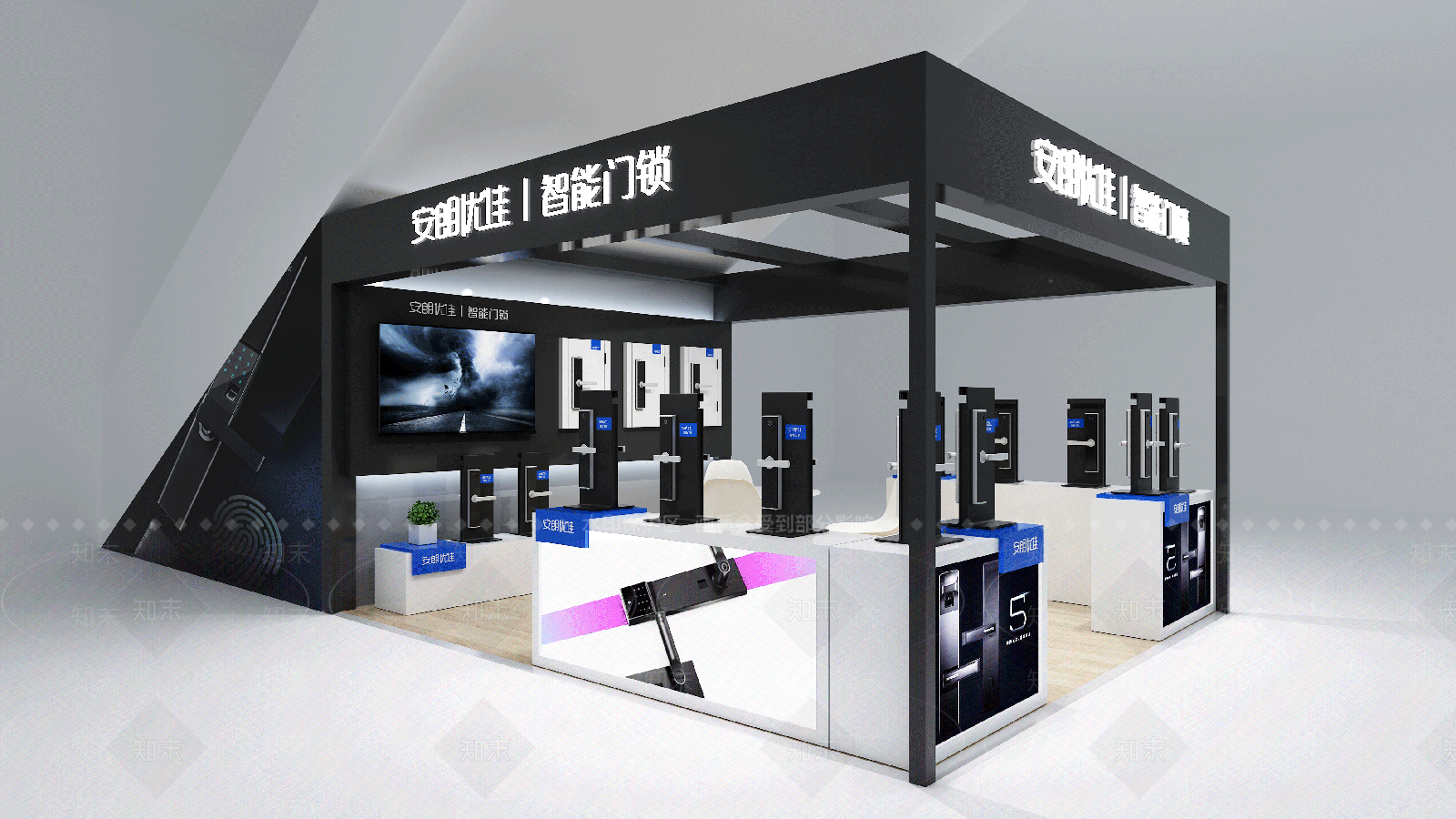 现代门锁展位现代洽谈桌椅展示柜3D模型下载【ID:840625090】