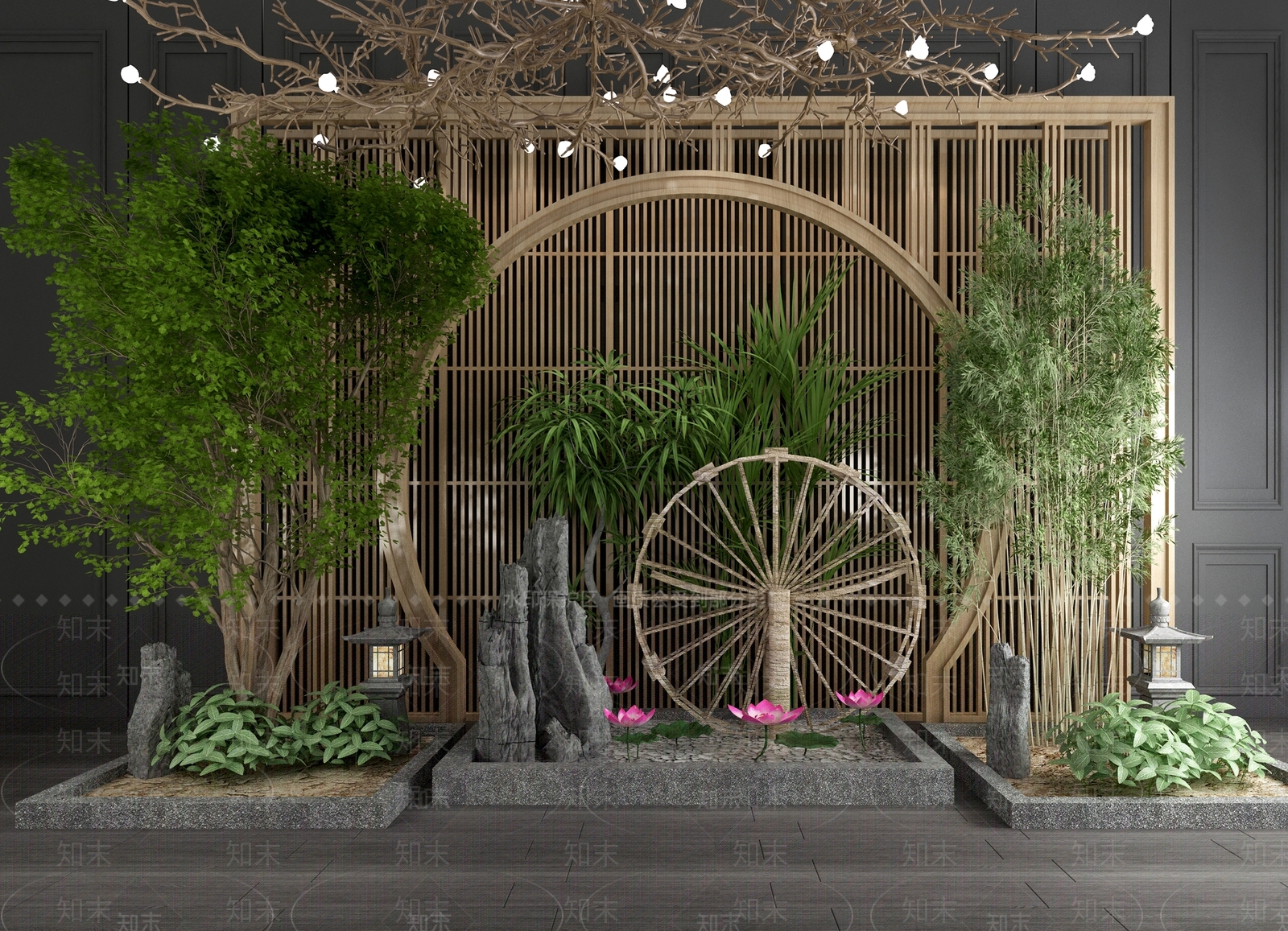 新中式背景墙吊灯树假山石头地灯荷花竹子组合3D模型下载【ID:440629421】