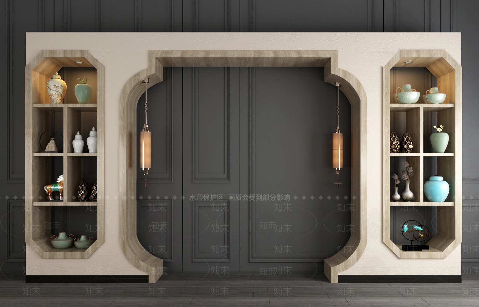 新中式装饰柜架门拱门洞花瓶摆件组合3D模型下载【ID:940629226】
