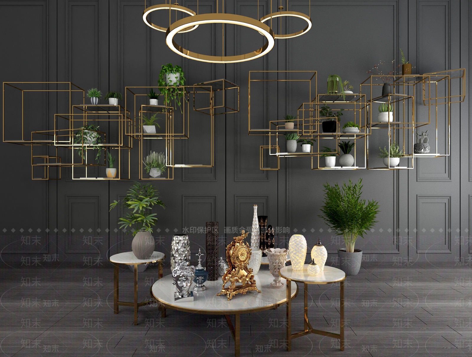 现代花瓶摆件金属装饰架金属墙上置物架装饰品摆件现代金属吊灯盆栽盆景绿植组合3D模型下载【ID:640632577】