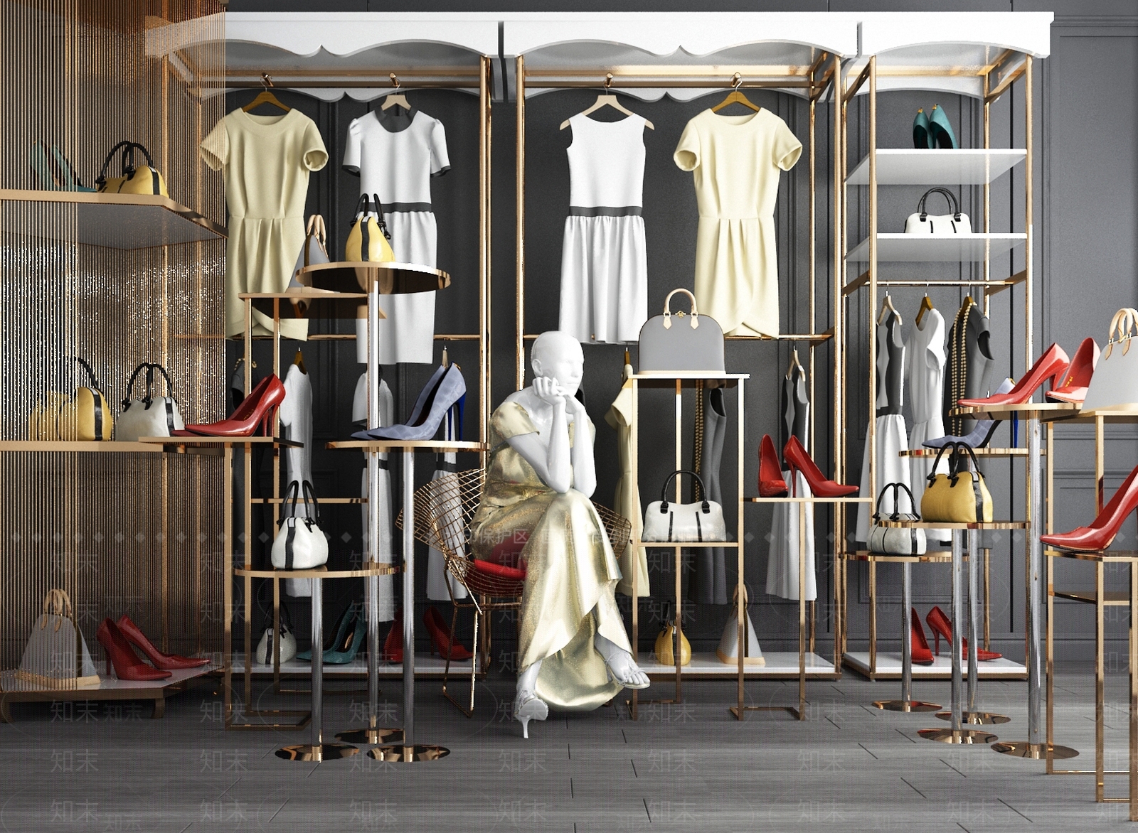 现代服装店金属衣服架模特鞋架组合3D模型下载【ID:540643484】