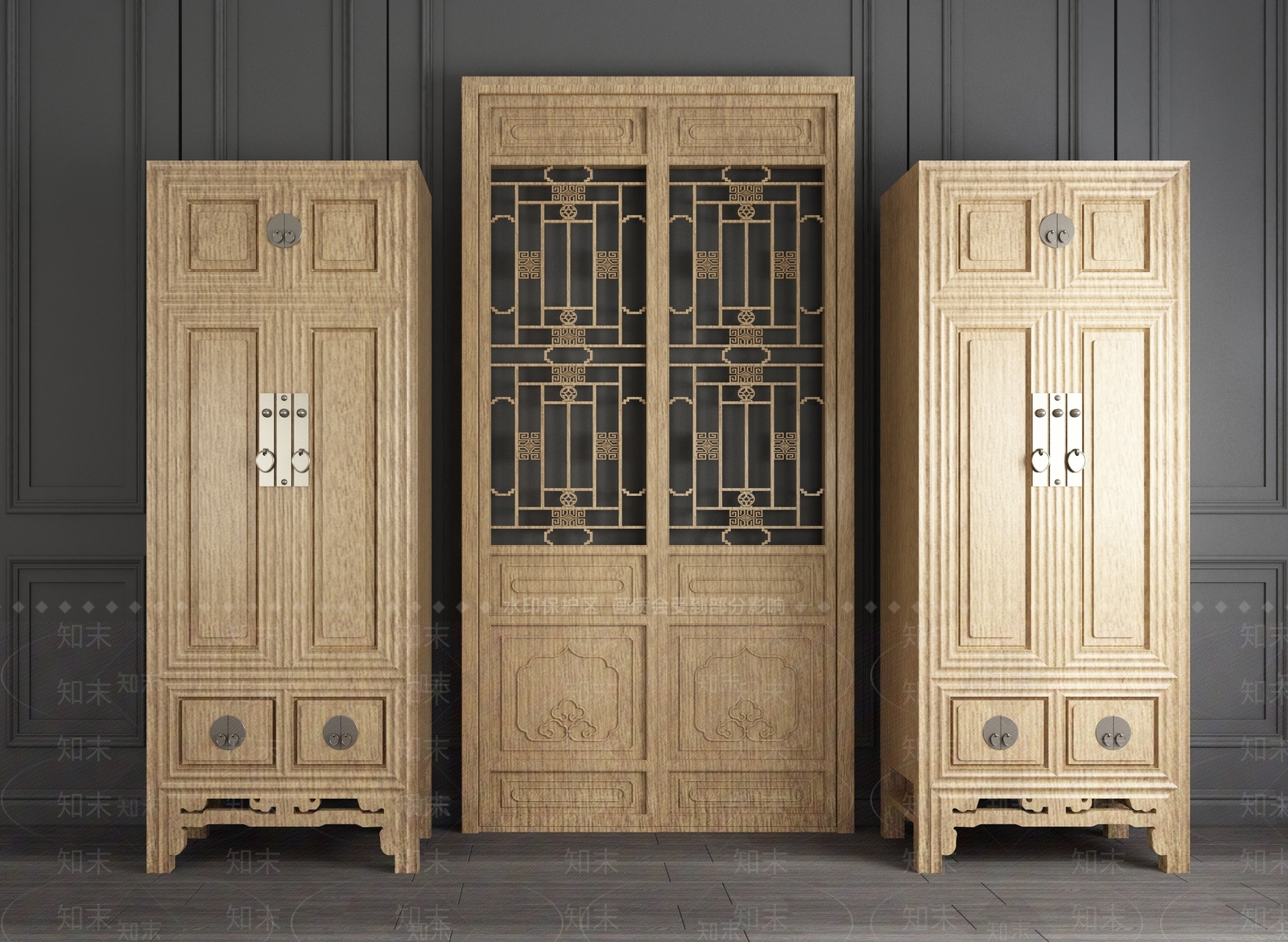 中式装饰柜屏风门组合3D模型下载【ID:940649225】