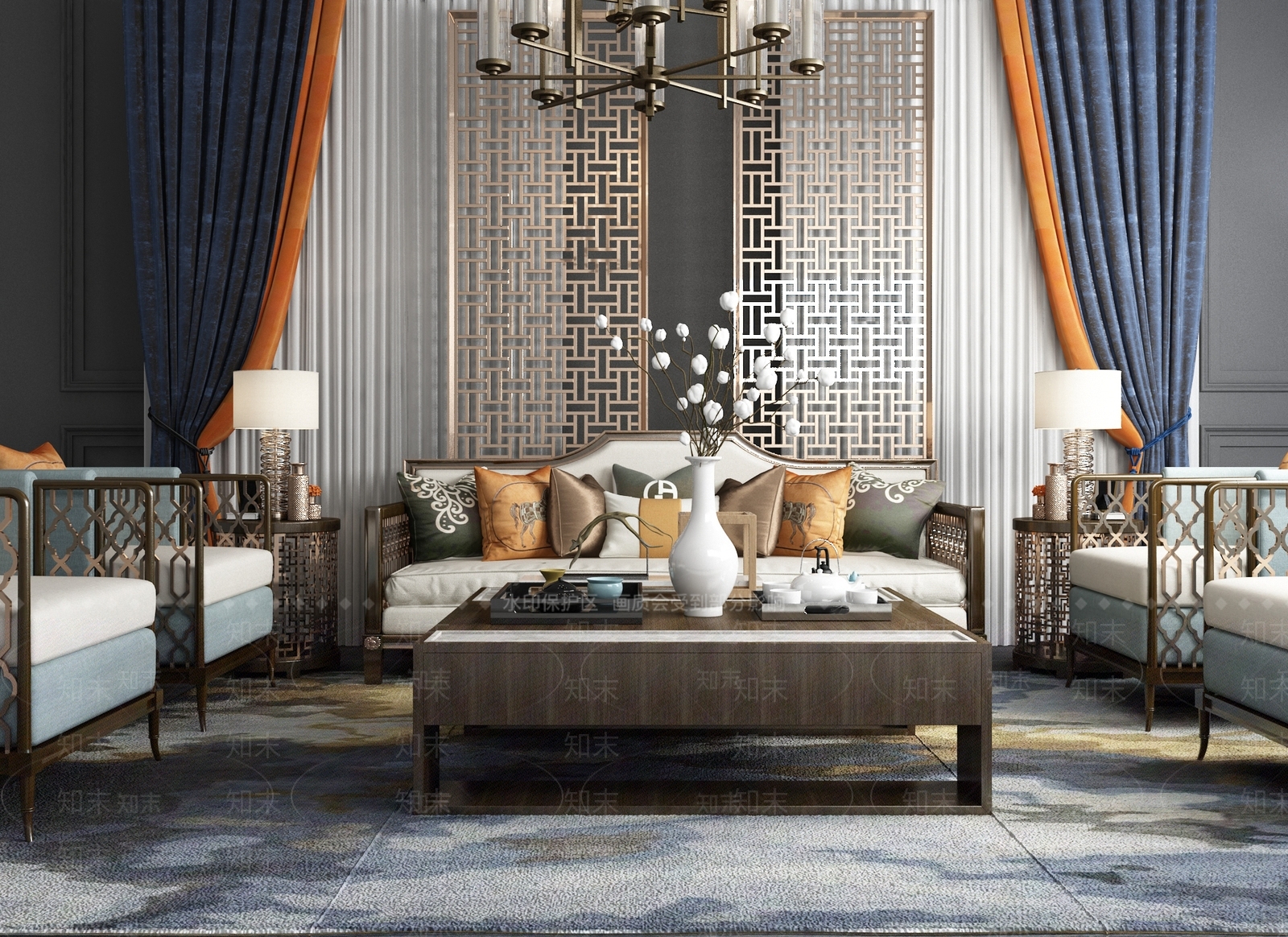 新中式沙发雕花板窗帘吊灯组合3D模型下载【ID:140654090】