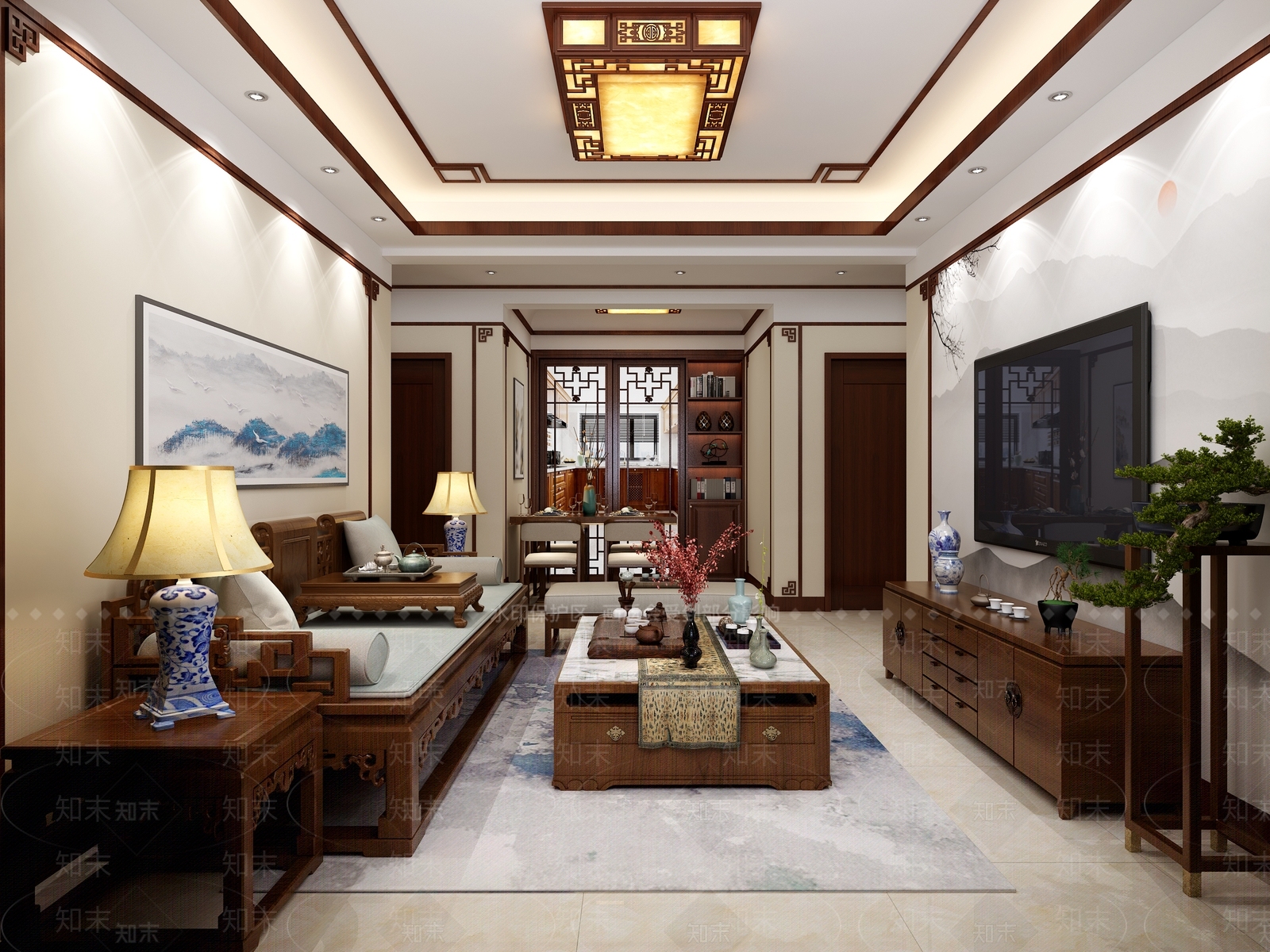 新中式中式客餐厅餐桌吸顶灯沙发3D模型下载【ID:740658714】