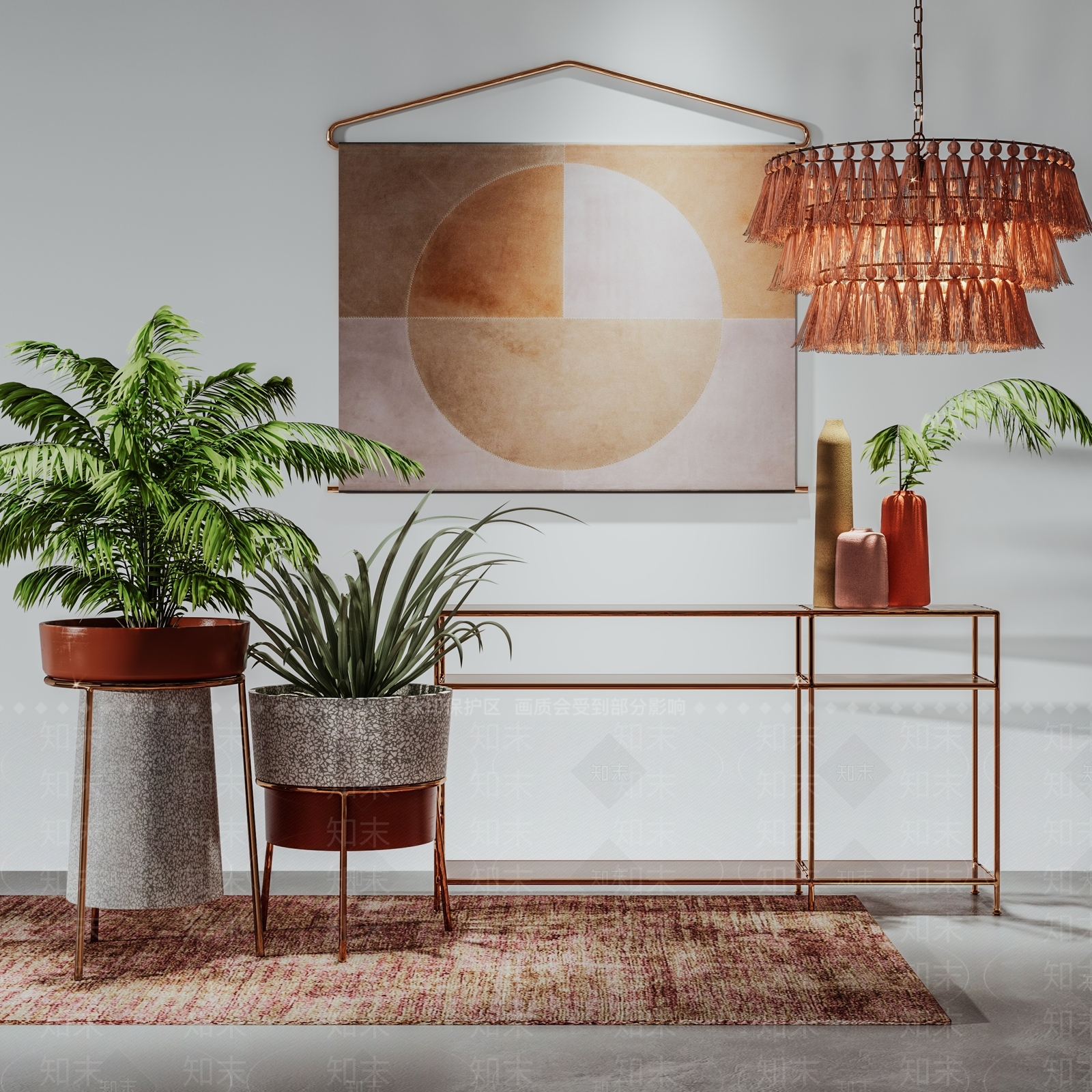 现代装饰台装饰柜植物挂画吊灯组合3D模型下载【ID:940661110】