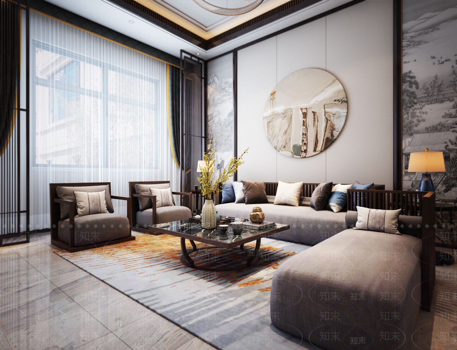 新中式客厅空间3D模型下载【ID:740661771】