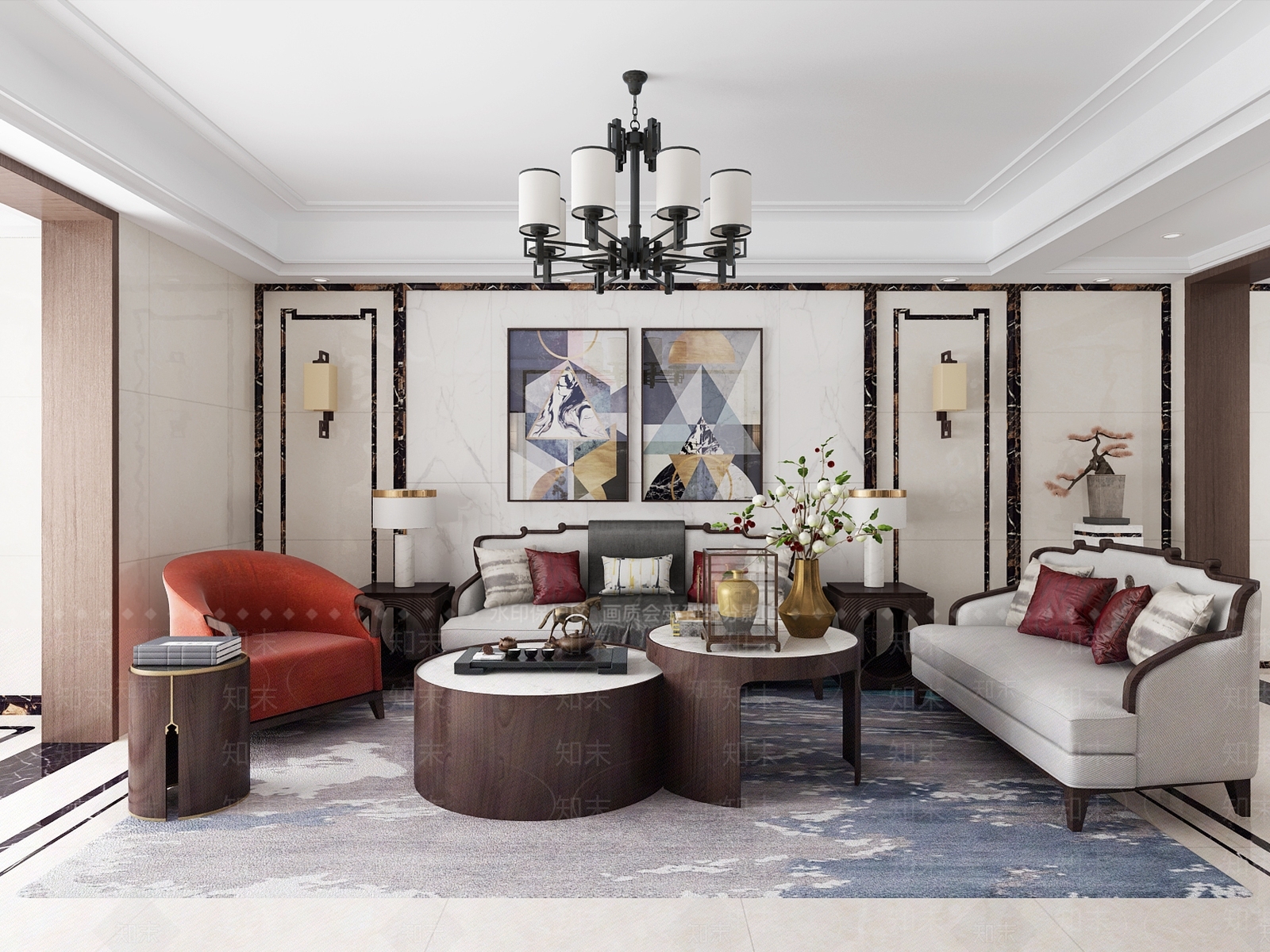 新中式客厅空间3D模型下载【ID:740661782】