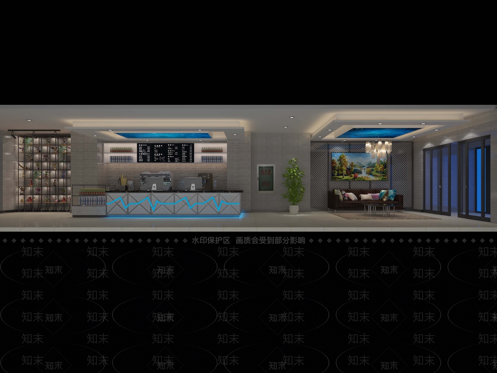 新中式中式酒店前台沙发软膜天花展架山水背景墙走廊蓝灰地毯门绿植消防栓游戏人物模型3D模型下载【ID:440667217】