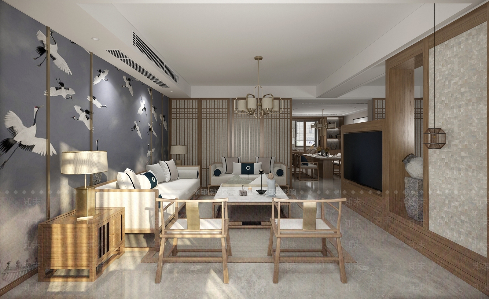 新中式中式客厅空间3D模型下载【ID:740667795】