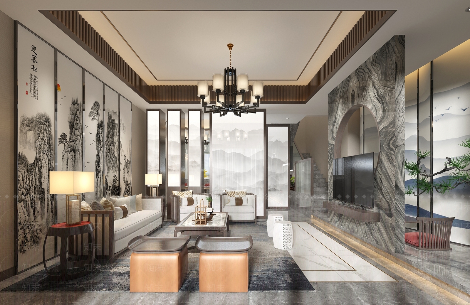 新中式中式客厅空间3D模型下载【ID:740668760】