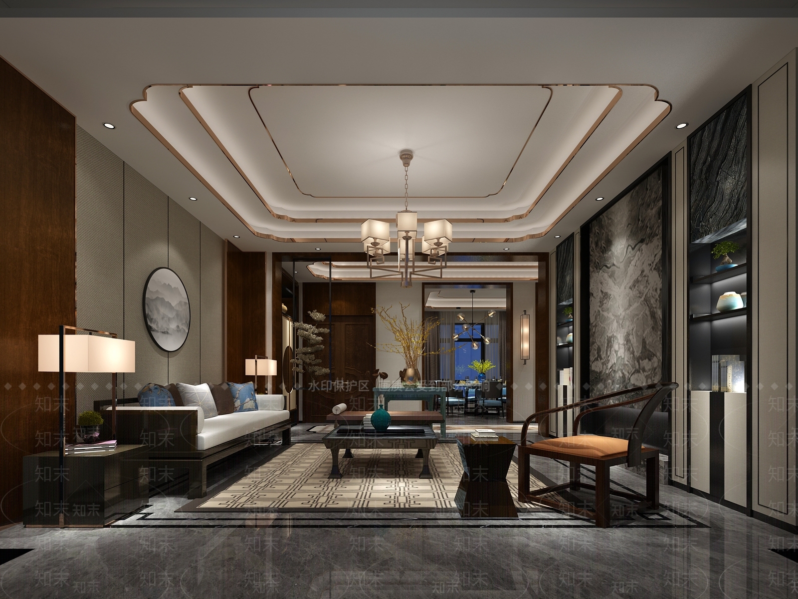 新中式中式客厅空间3D模型下载【ID:740668786】