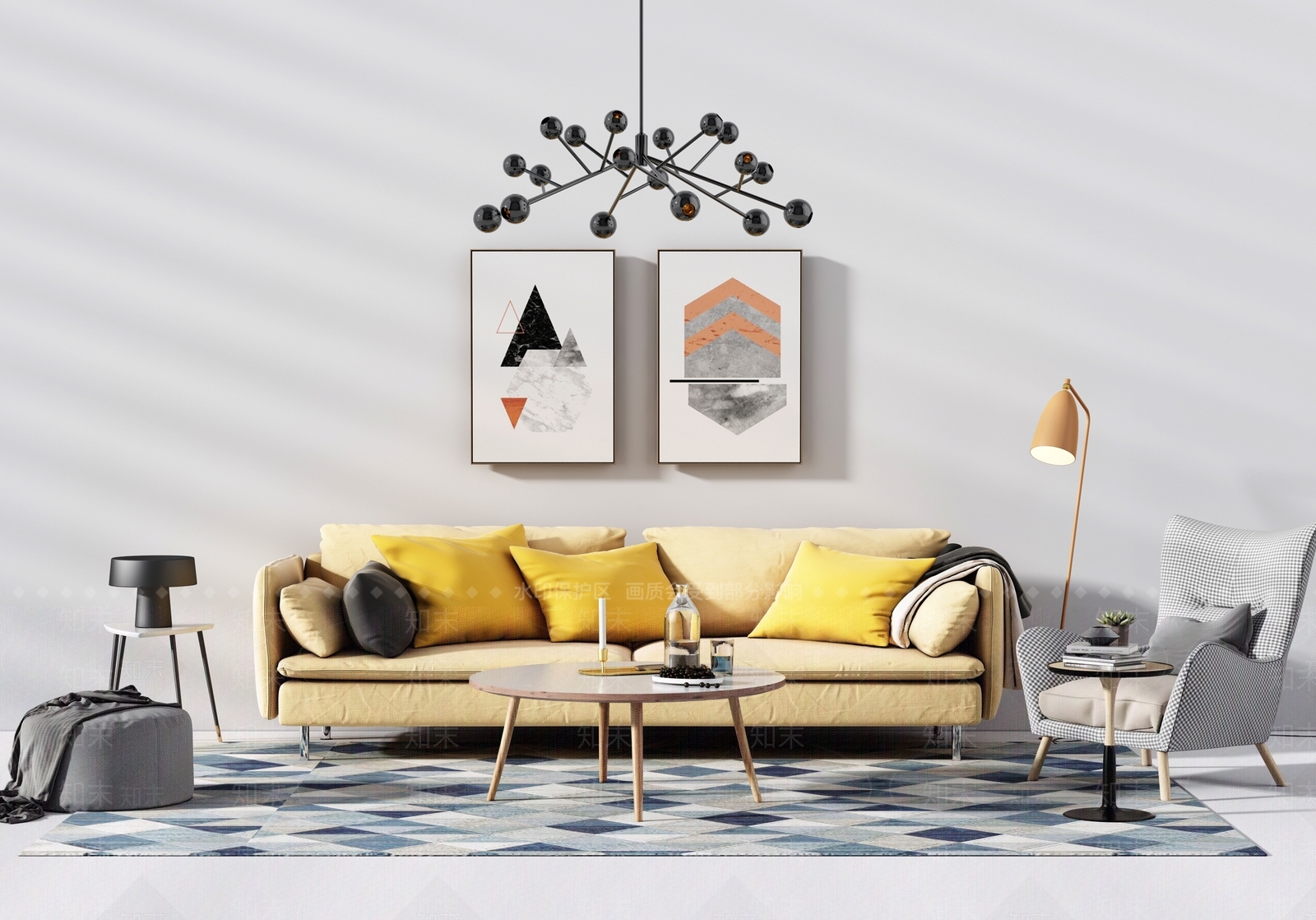 北欧沙发茶几摆件沙发家具吊灯组合3D模型下载【ID:140673003】