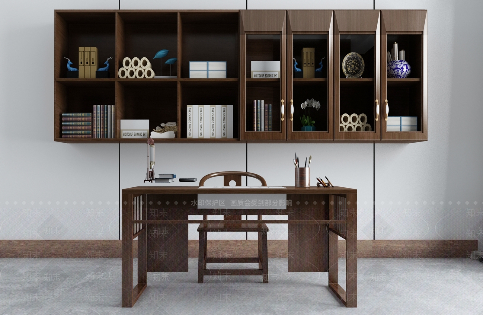 新中式书房茶室山水画背景墙新中式吊灯3D模型下载【ID:540675632】