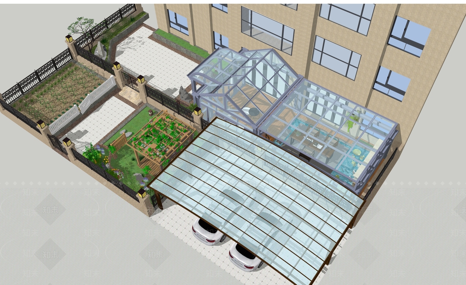 小别墅庭院花园设计SU模型下载【ID:540683917】