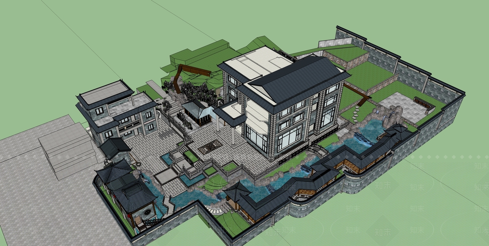 中式连廊泳池假山流水亭子石栏杆拼花石鼓SU模型下载【ID:540683975】