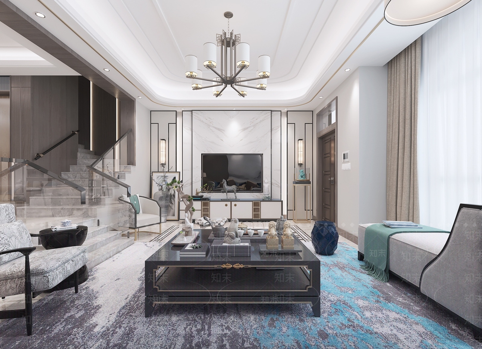 新中式客厅餐厅茶室沙发茶几组合台灯吊灯3D模型下载【ID:740687743】