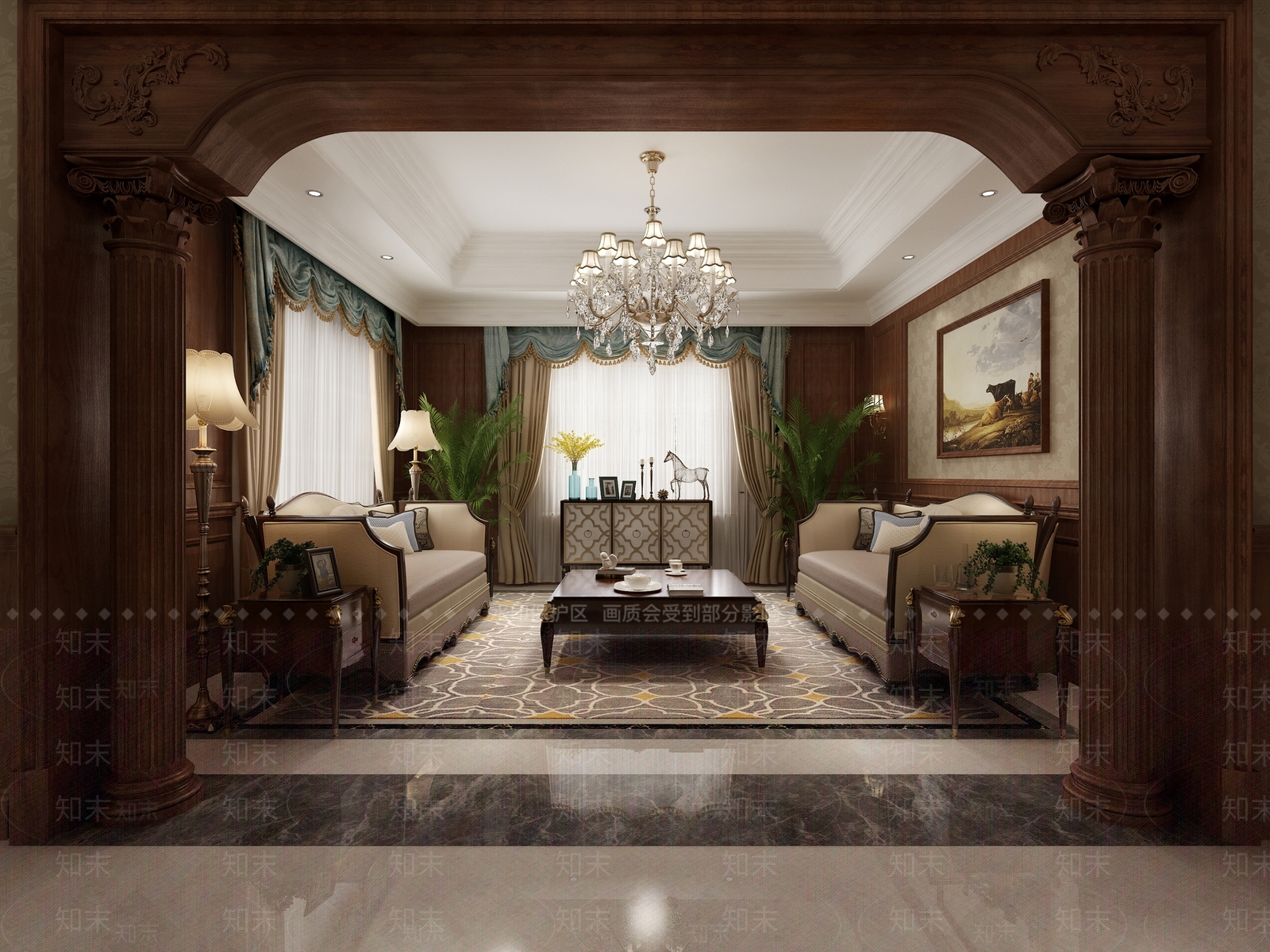 欧式古典欧式沙发茶几窗帘3D模型下载【ID:740691821】