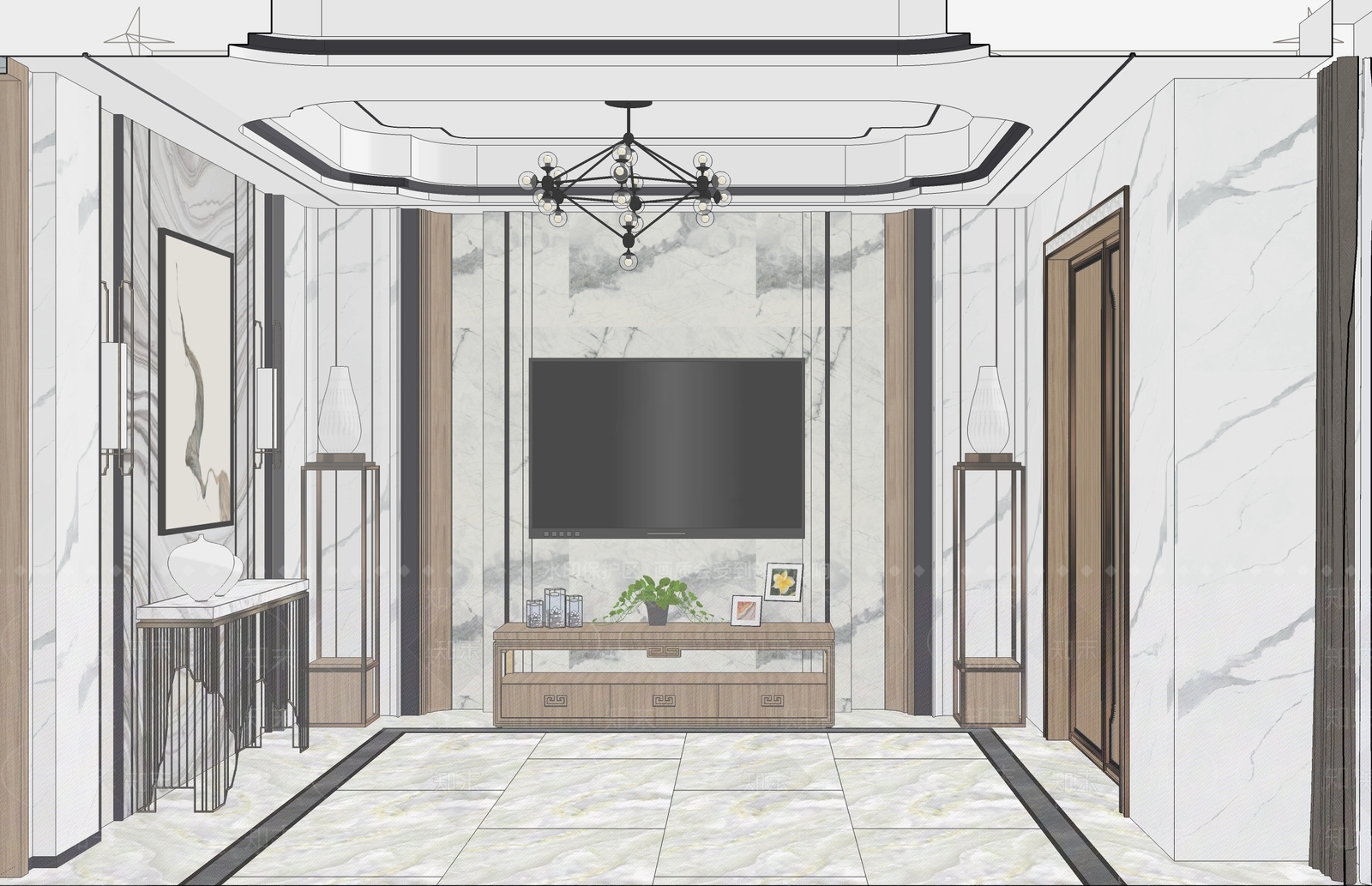 中式风格排屋客厅室内设计SU模型下载【ID:940691985】