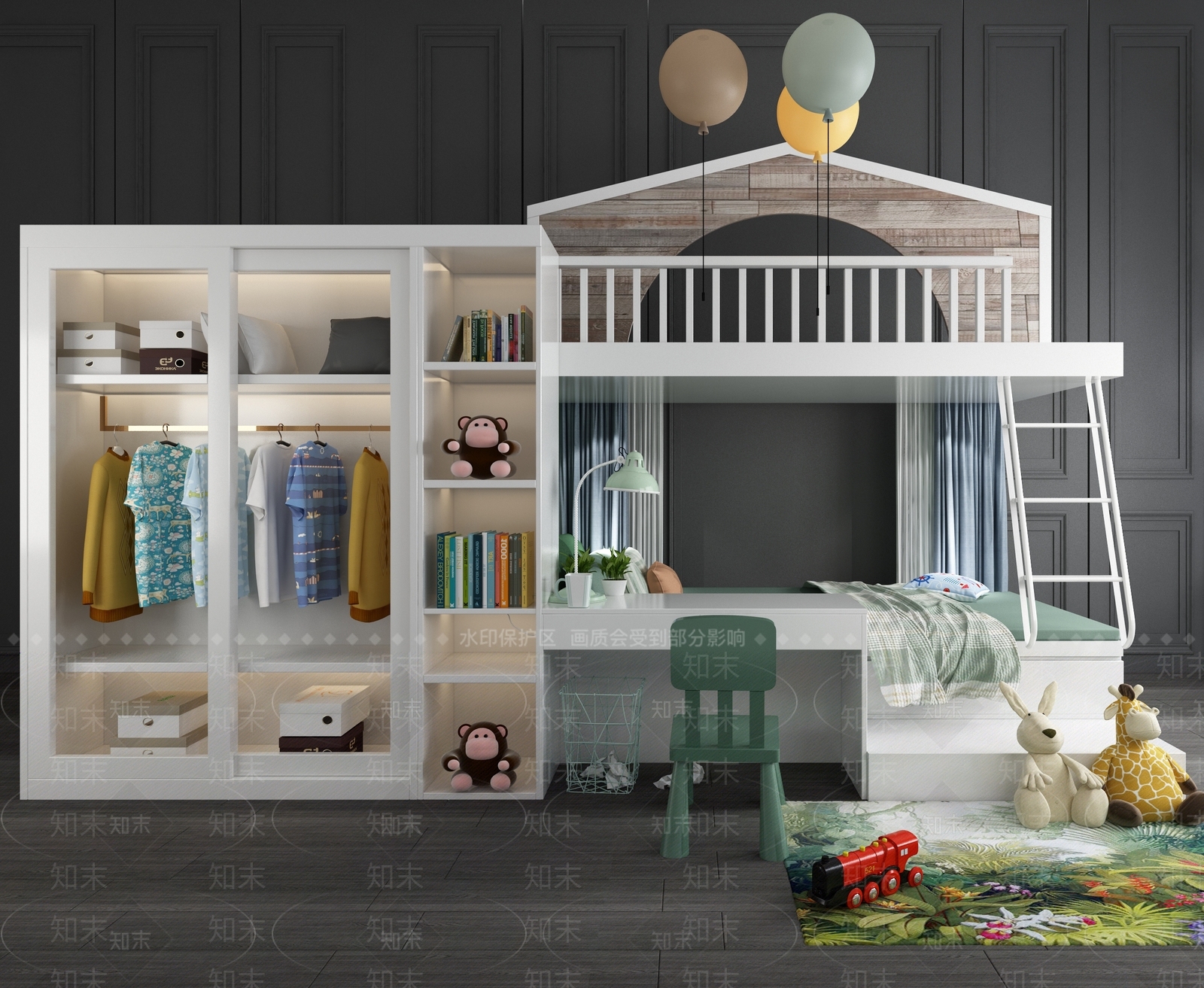 现代儿童双层床3D模型下载【ID:740693219】