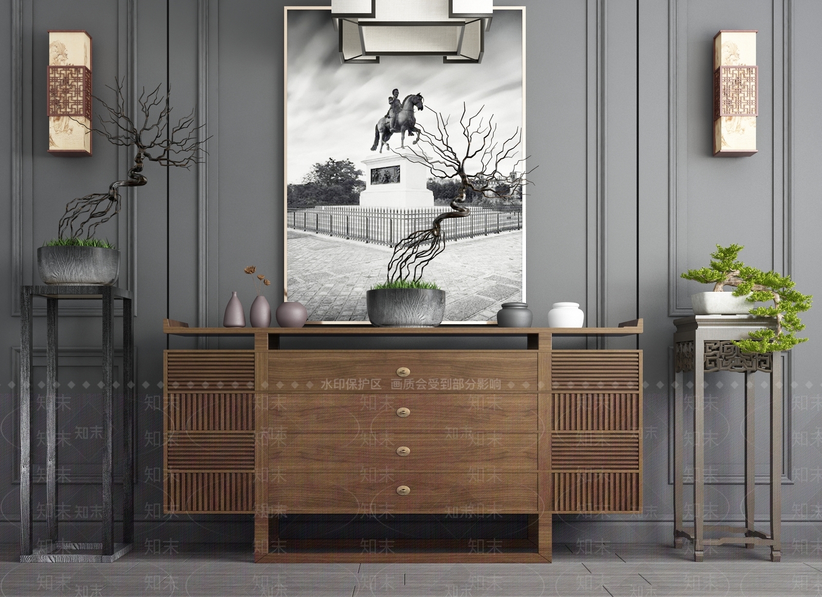 新中式实木玄关柜边柜端景台盆景壁灯组合3D模型下载【ID:940696160】